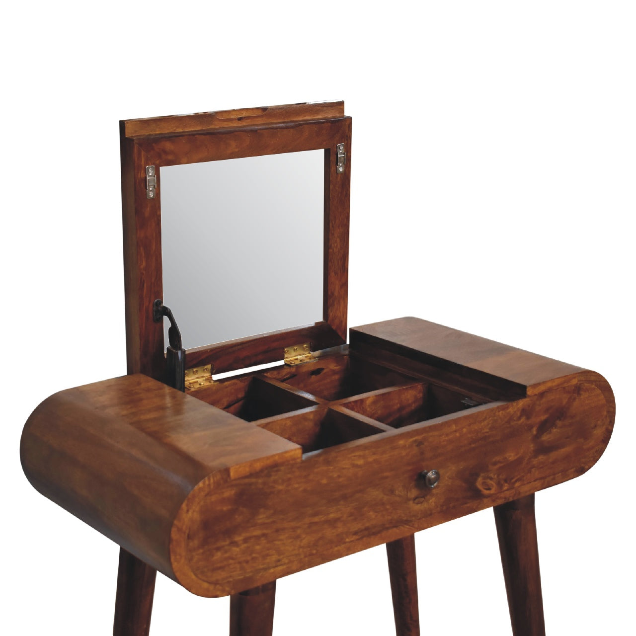 Mini Round Chestnut Fold Vanity with Mirror and Storage - Solid Wood