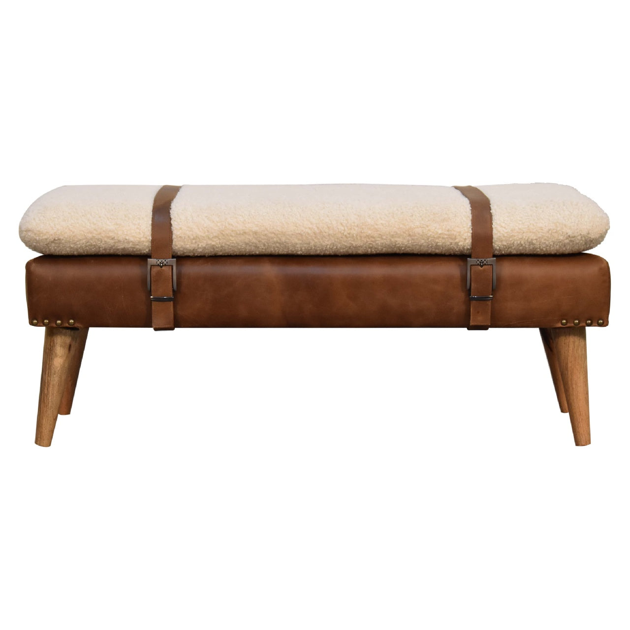 Handmade Solid Wood Bouclé Buffalo Leather Bench - Premium Upholstered Seating