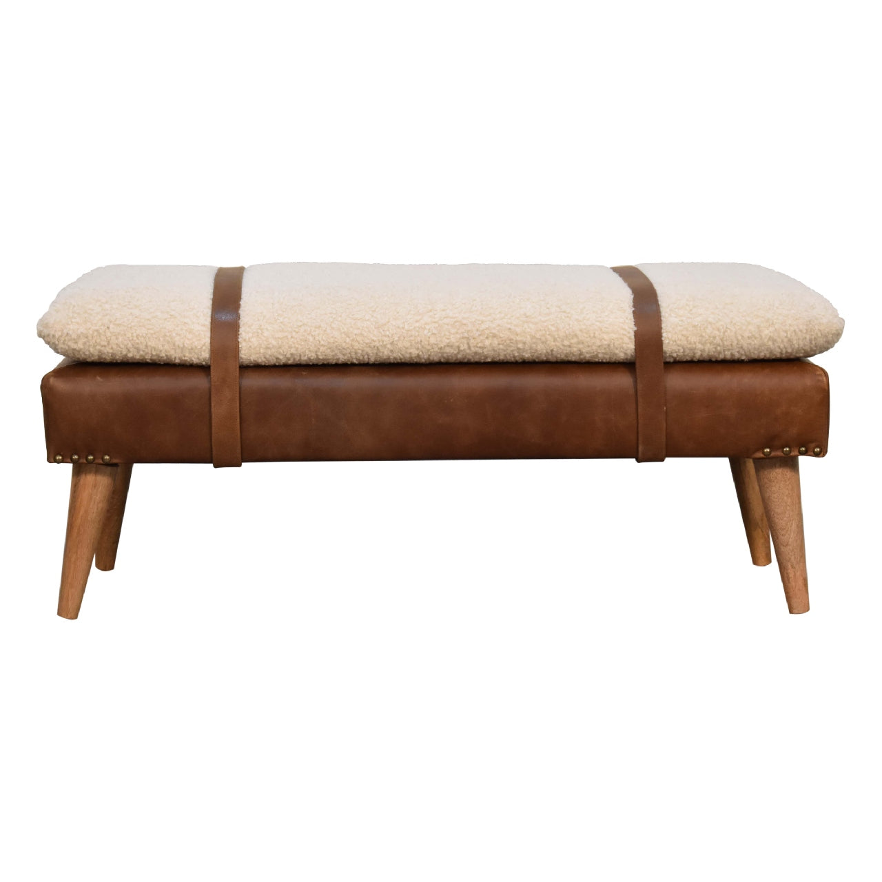 Handmade Solid Wood Bouclé Buffalo Leather Bench - Premium Upholstered Seating