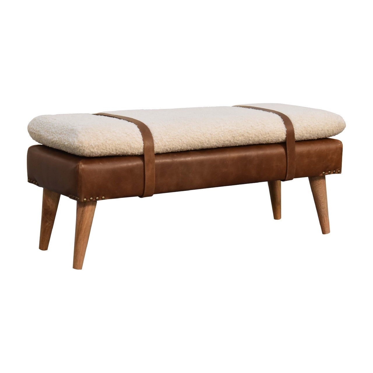 Handmade Solid Wood Bouclé Buffalo Leather Bench - Premium Upholstered Seating