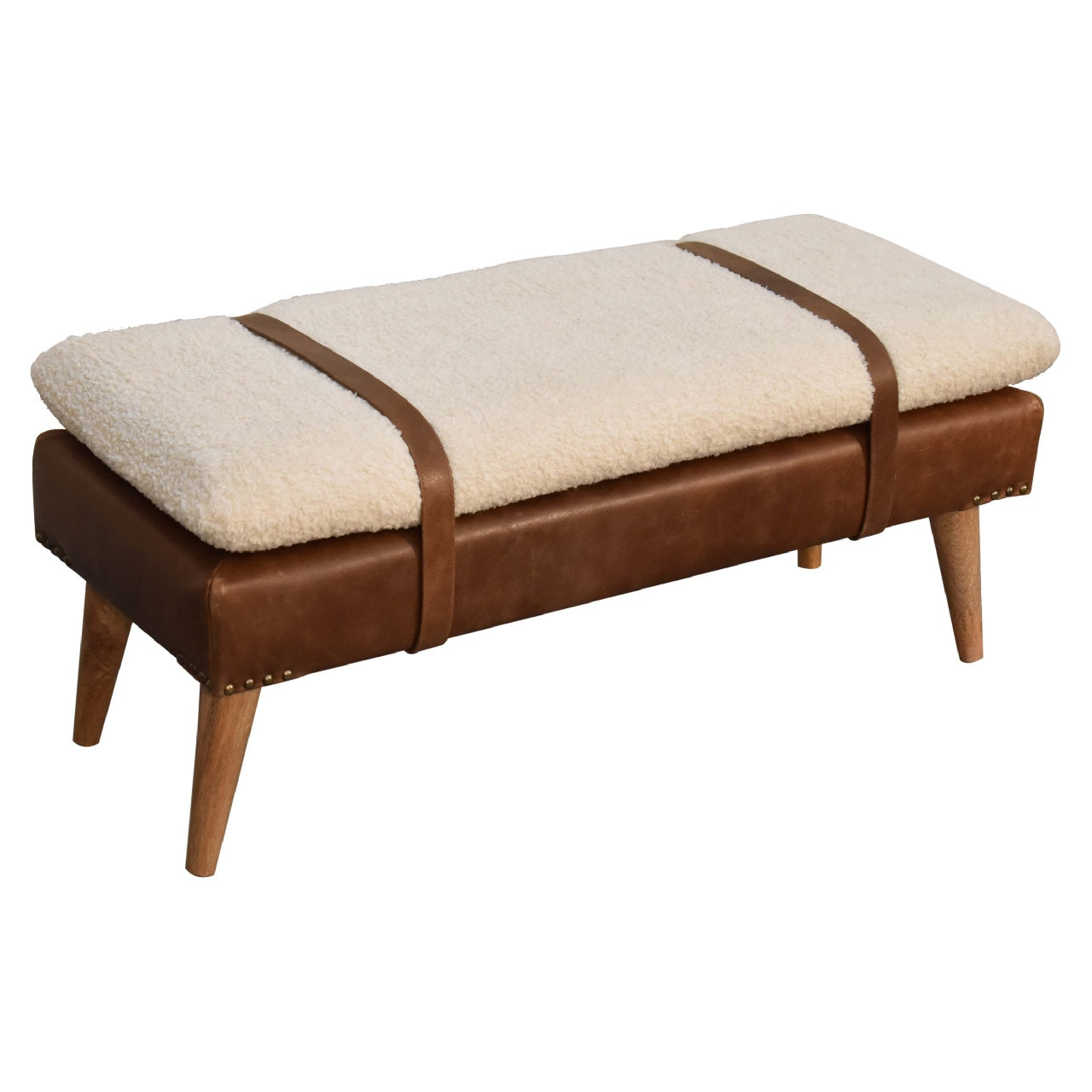 Handmade Solid Wood Bouclé Buffalo Leather Bench - Premium Upholstered Seating