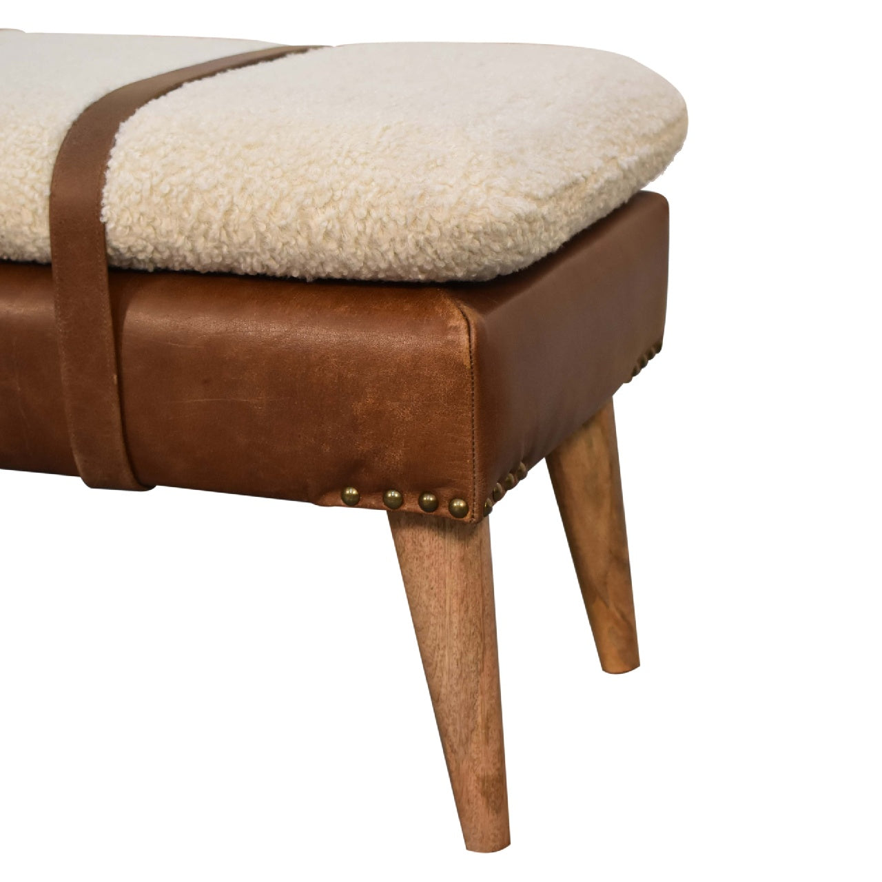 Handmade Solid Wood Bouclé Buffalo Leather Bench - Premium Upholstered Seating