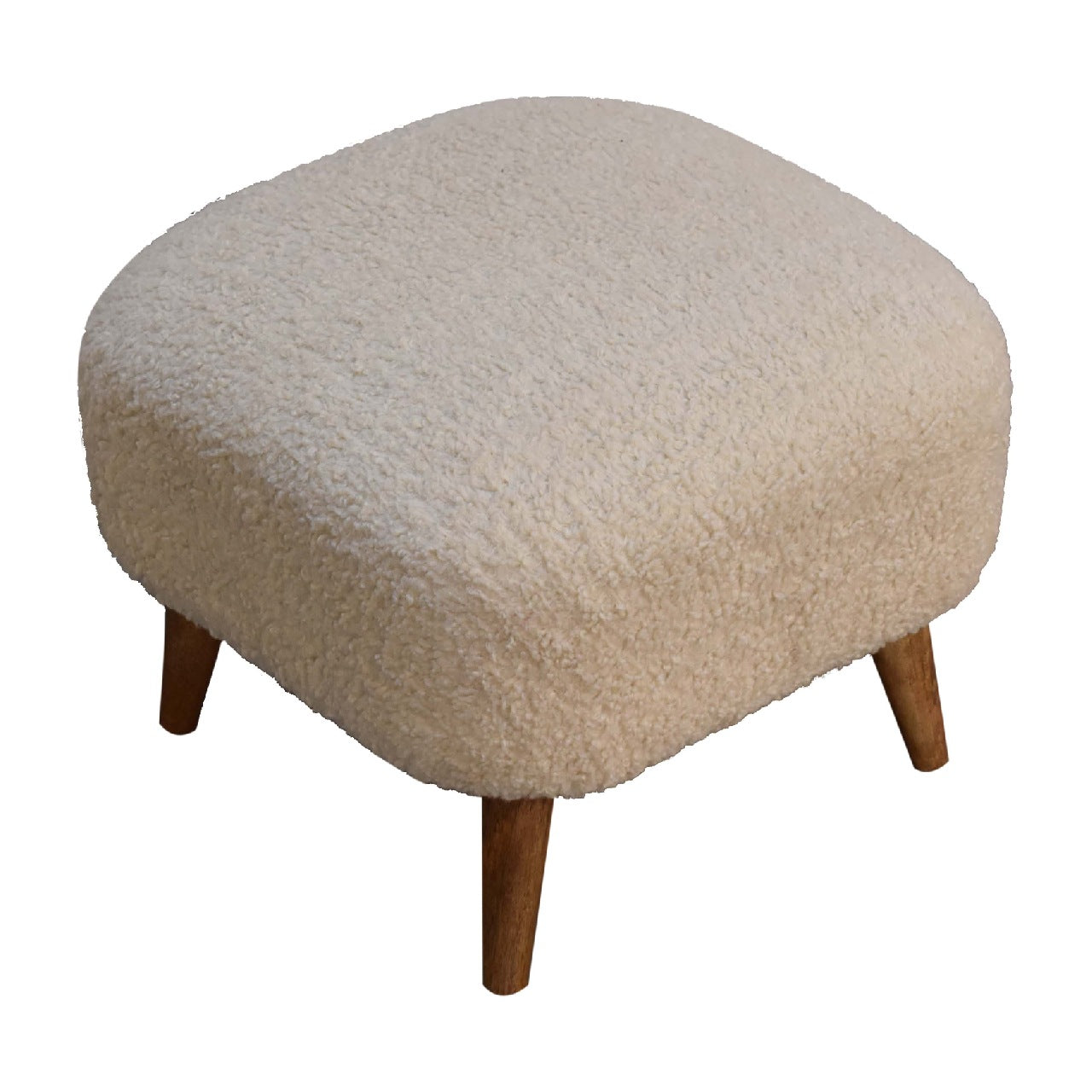 Handmade Solid Wood Bouclé Cream Square Footstool
