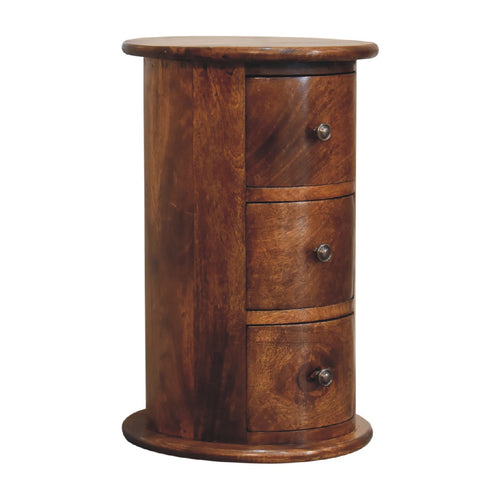 3 Drawer Chestnut Drum Chest - Vintage Solid Wood Cylinder Bedside