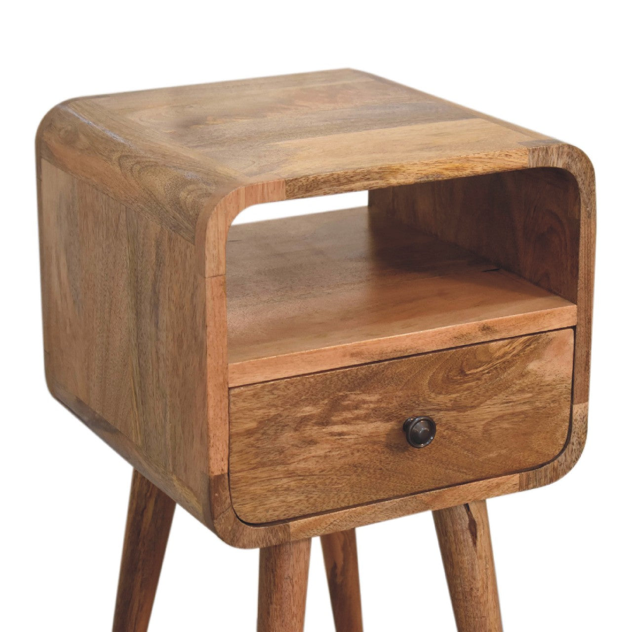 Mini Oak-ish Curve Bedside Table – Handmade Solid Wood with 1 Drawer & Open Shelf