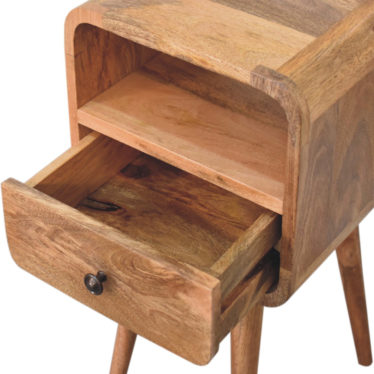 Mini Oak-ish Curve Bedside Table – Handmade Solid Wood with 1 Drawer & Open Shelf