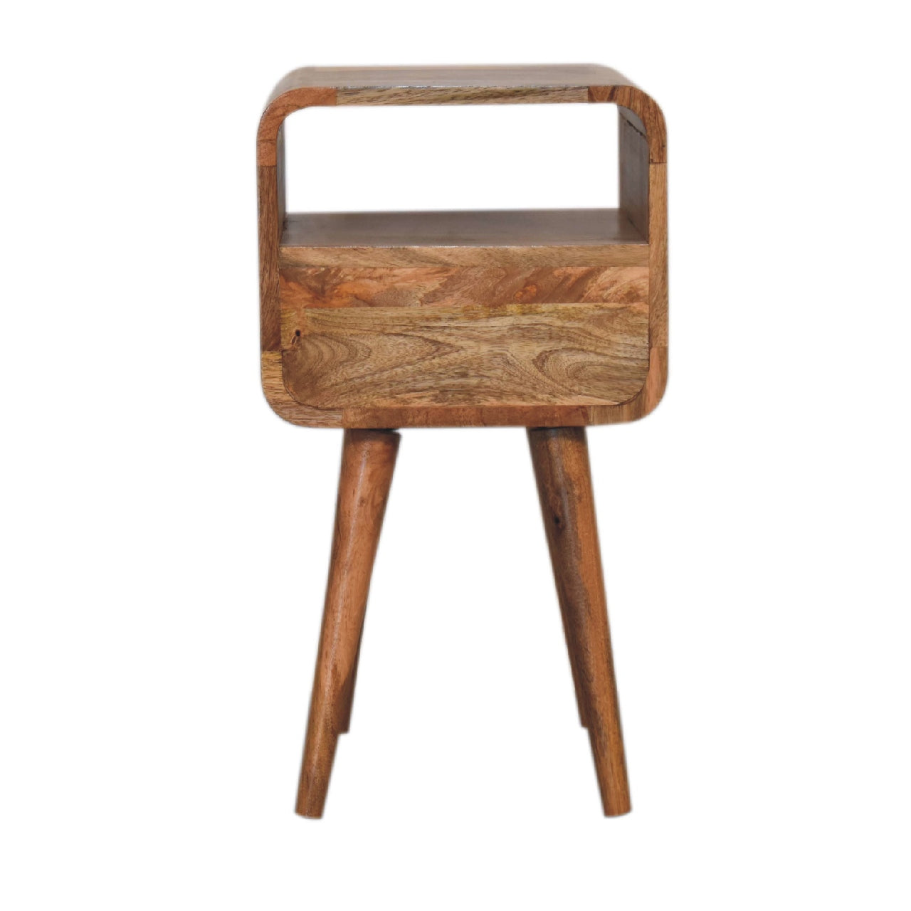 Mini Oak-ish Curve Bedside Table – Handmade Solid Wood with 1 Drawer & Open Shelf