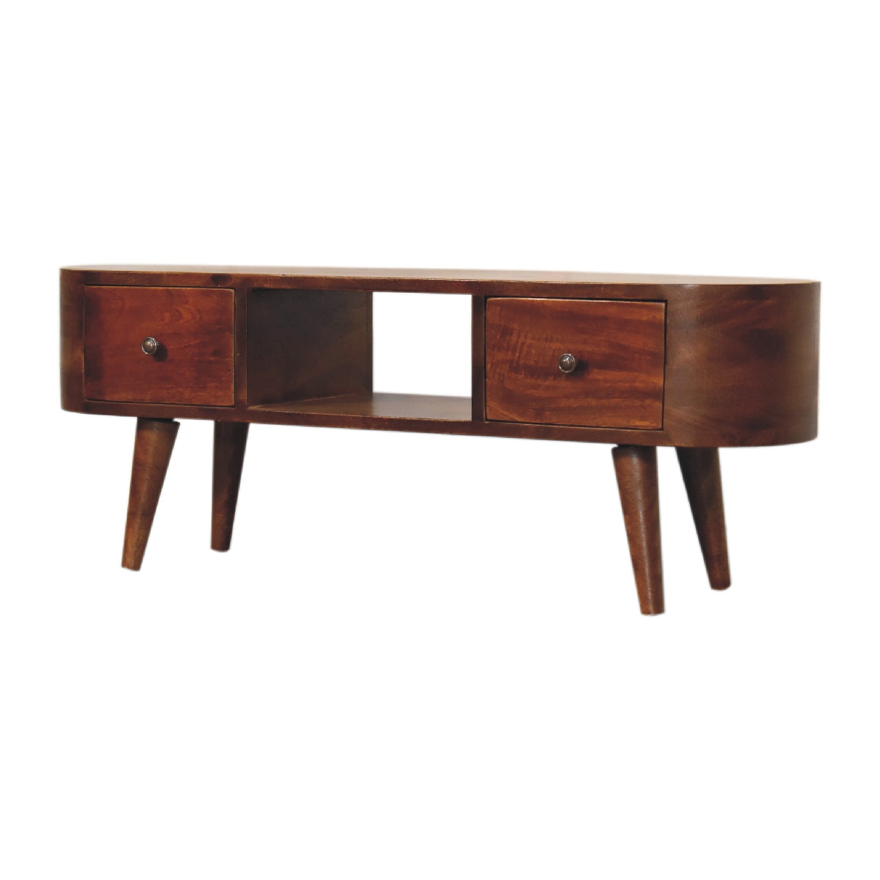 Chestnut Round Open Media Unit with 2 Drawers & 1 Open Slot - Handmade Solid Wood TV Stand
