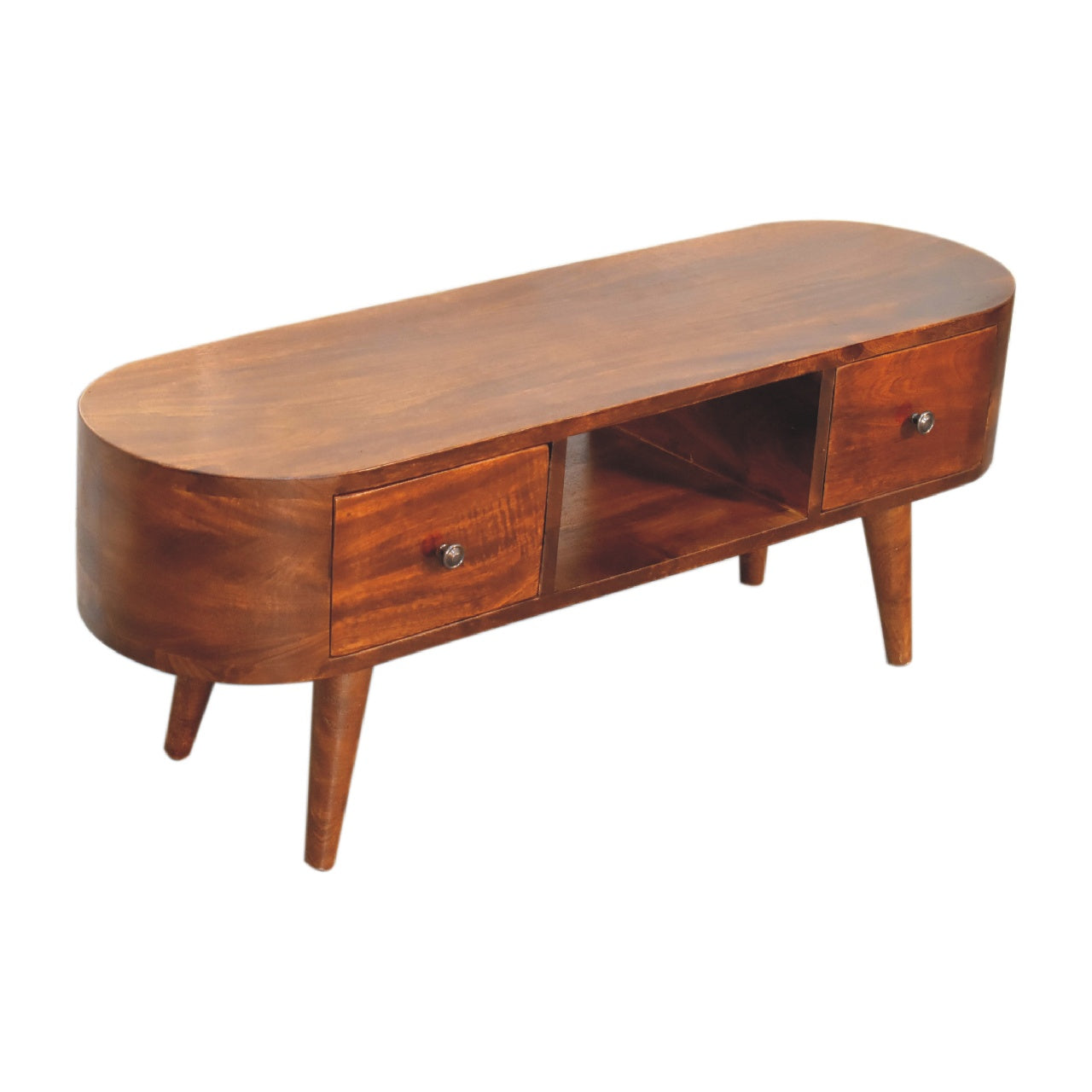 Chestnut Round Open Media Unit with 2 Drawers & 1 Open Slot - Handmade Solid Wood TV Stand