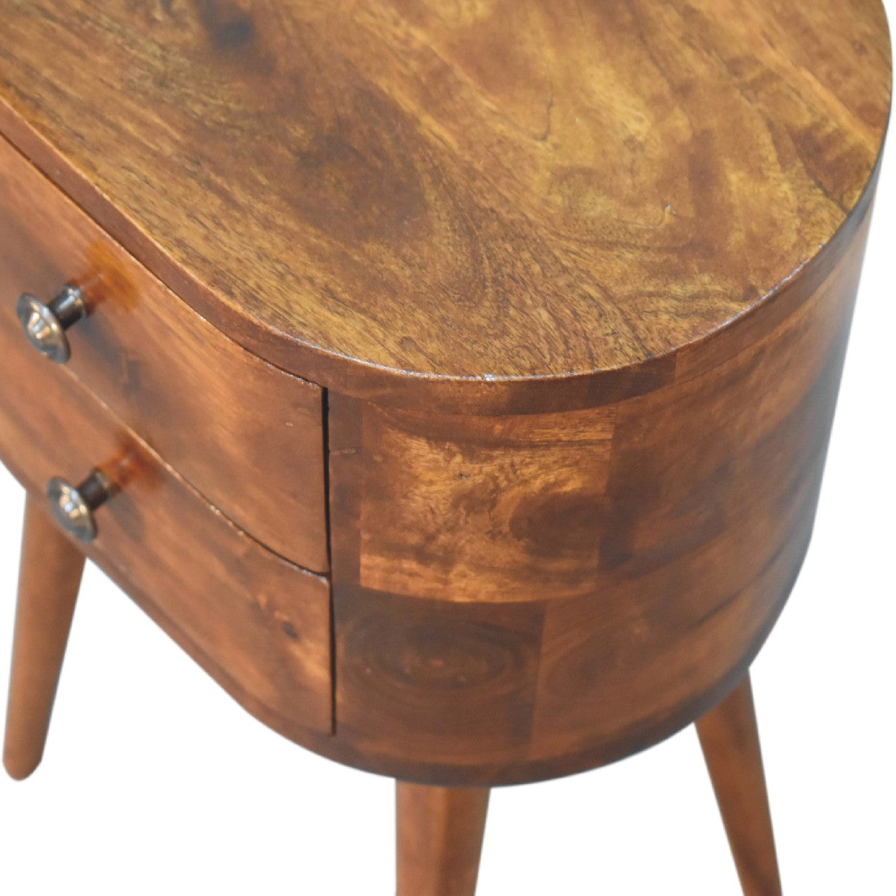 Rounded 2 Drawer Bedside Table – Handmade Solid Wood Retro Mid-Century Design Nightstand