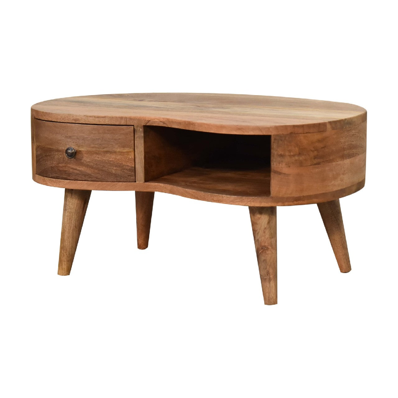 Wave Coffee Table – Handmade Solid Wood Coffee Table with Drawer, Open Shelf & Curved Wave Design