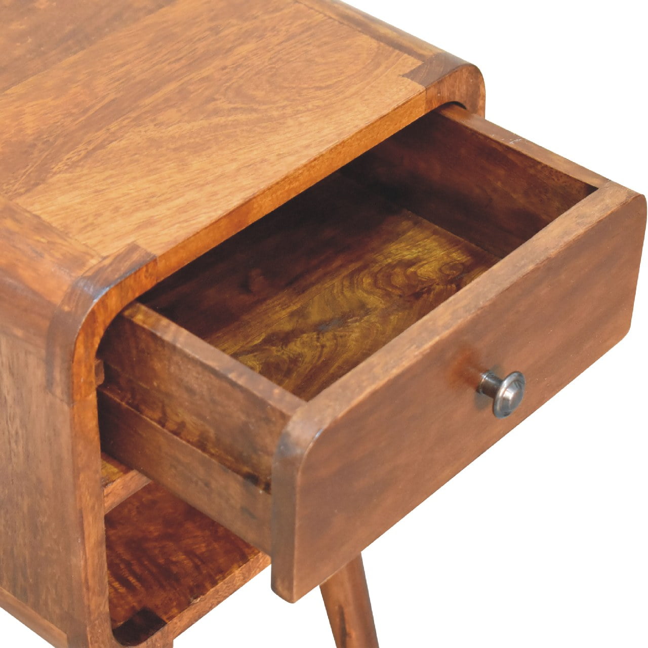 Mini Chestnut Curve Lower Bedside - 1 Drawer and Open Shelf NIghtstand from Solid Wood - Brown