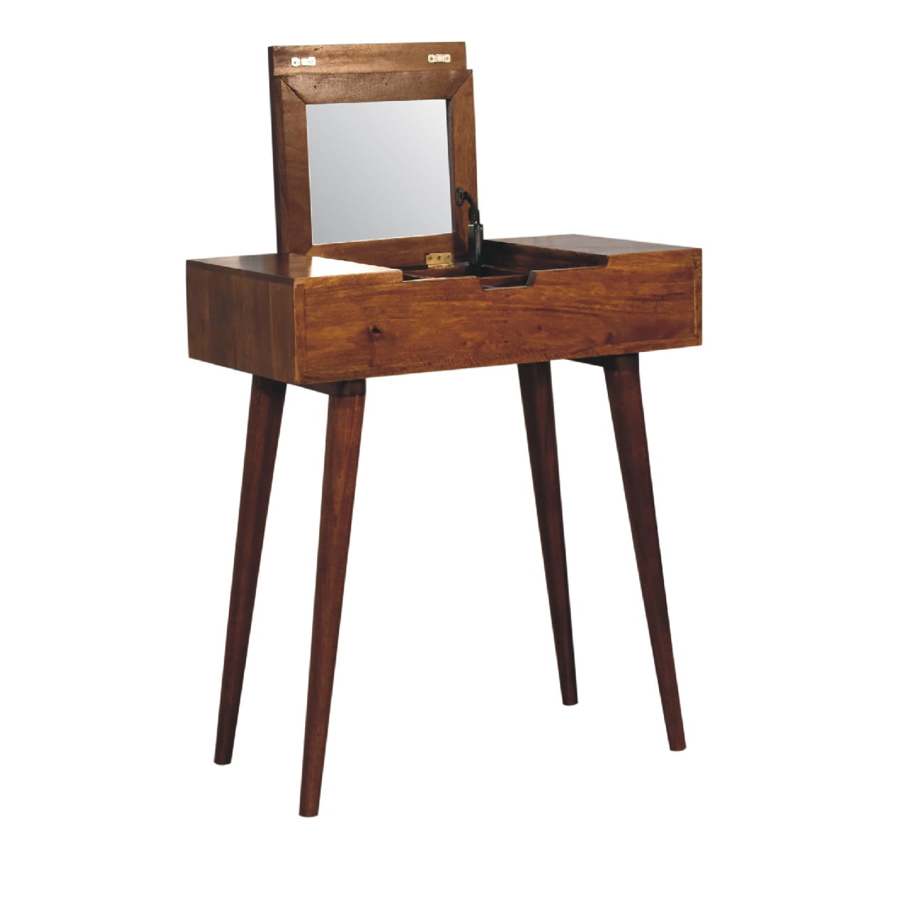 Mini Chestnut Fold Vanity – Handmade Solid Wood Dressing Table with Mirror & Storage