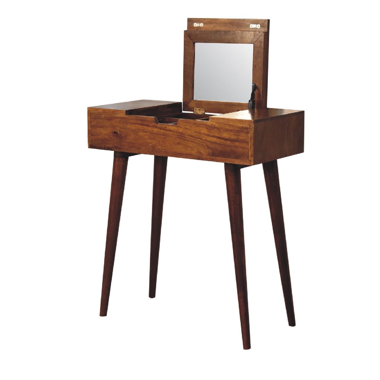 Mini Chestnut Fold Vanity – Handmade Solid Wood Dressing Table with Mirror & Storage