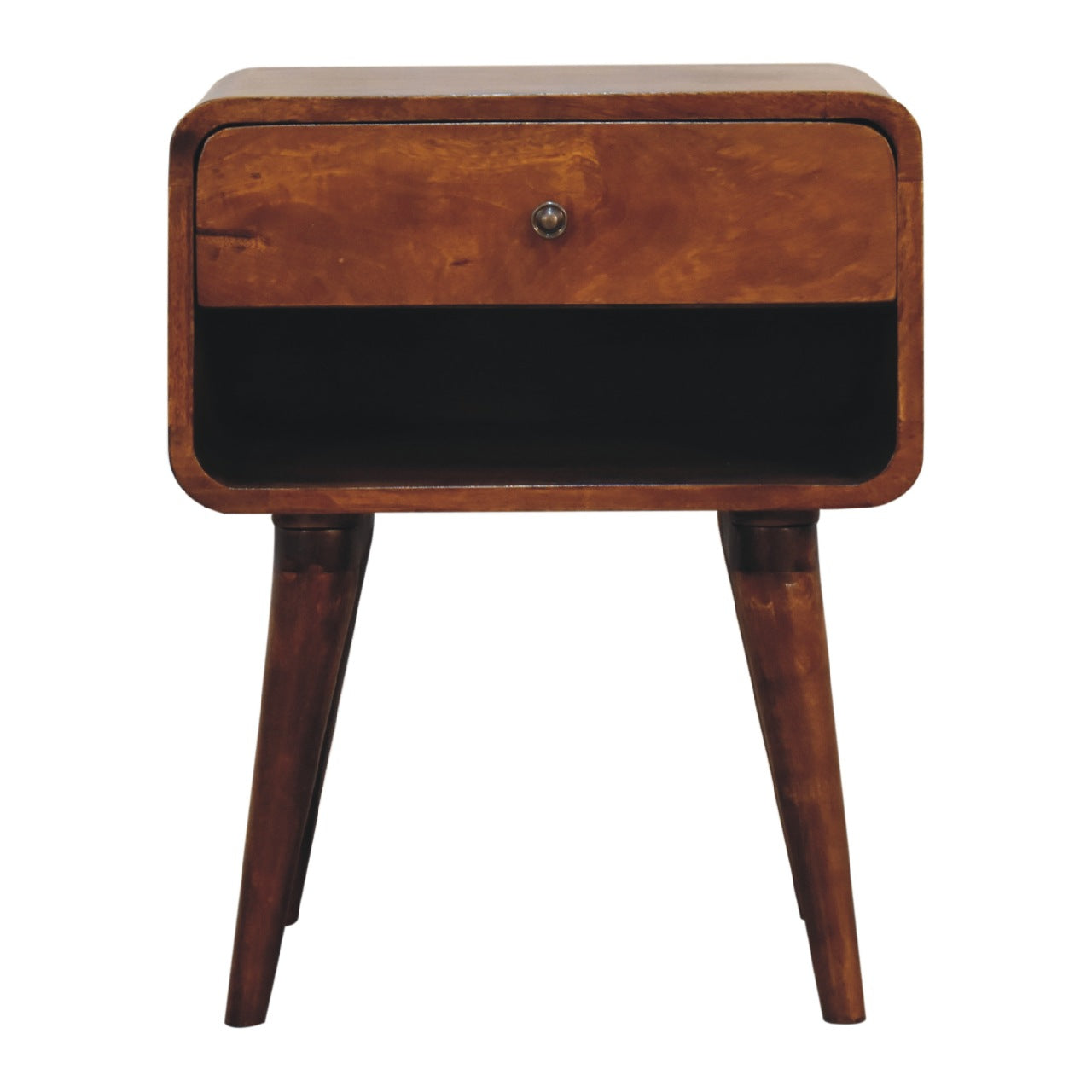 Curve Open Slot Chestnut Bedside - Handmade Solid Wood Nightstand with Open Shelf and Drawer