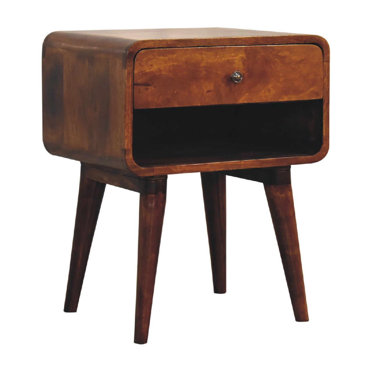 Curve Open Slot Chestnut Bedside - Handmade Solid Wood Nightstand with Open Shelf and Drawer