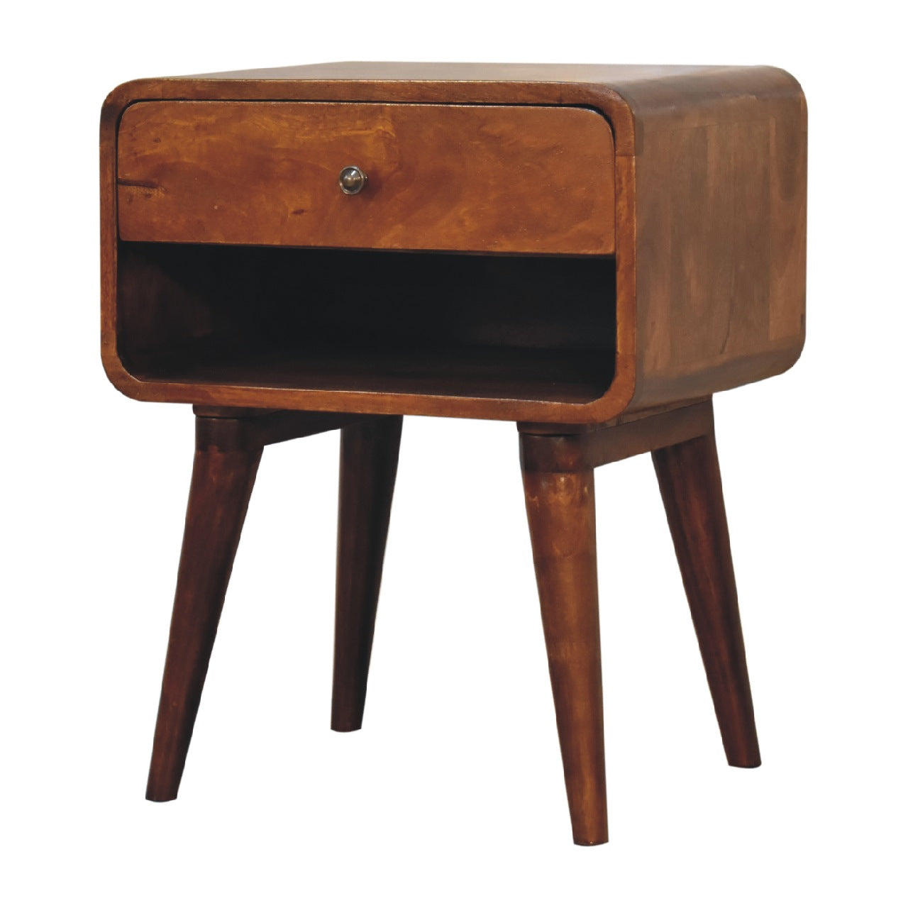 Curve Open Slot Chestnut Bedside - Handmade Solid Wood Nightstand with Open Shelf and Drawer