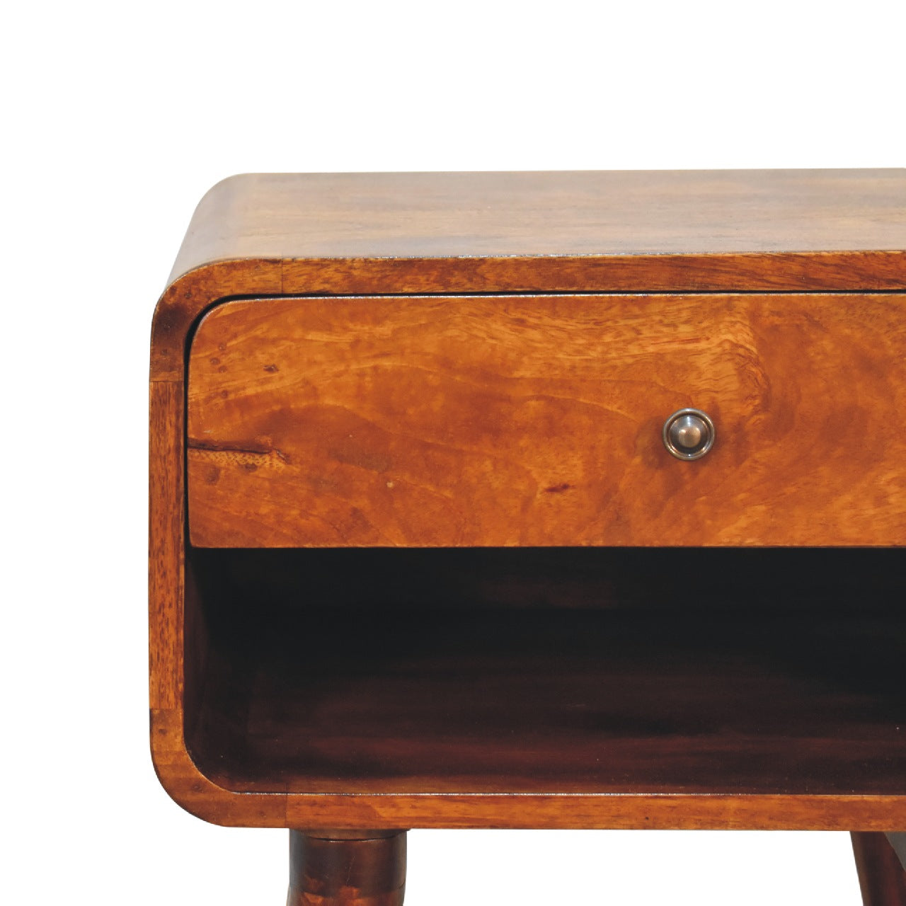 Curve Open Slot Chestnut Bedside - Handmade Solid Wood Nightstand with Open Shelf and Drawer
