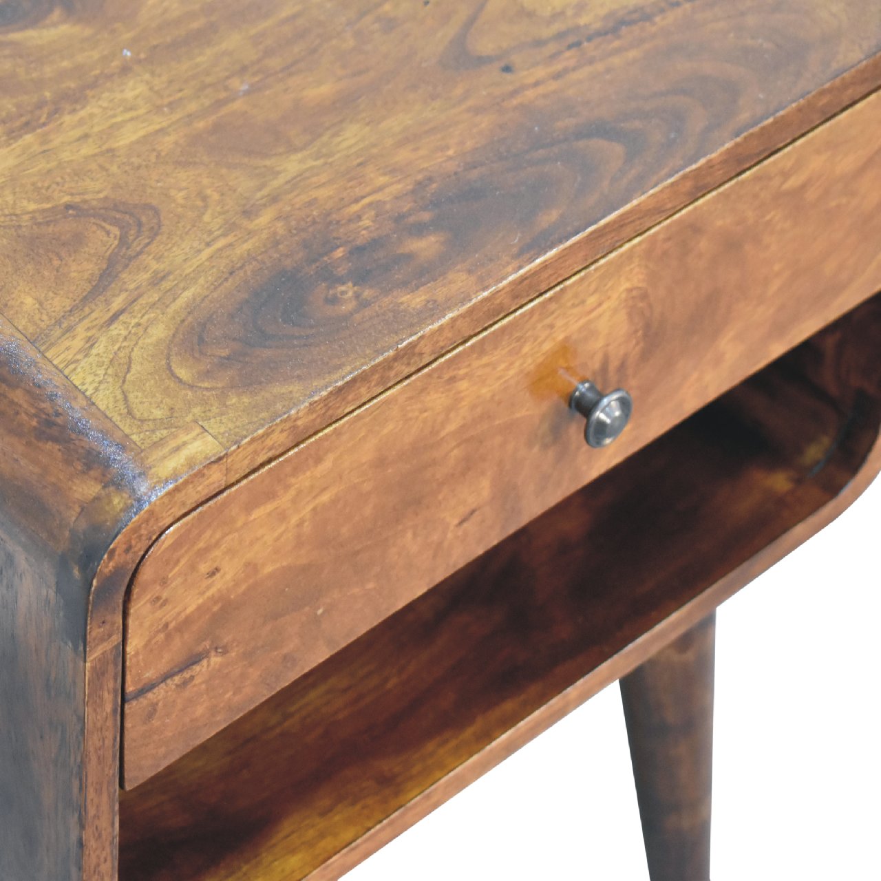 Curve Open Slot Chestnut Bedside - Handmade Solid Wood Nightstand with Open Shelf and Drawer