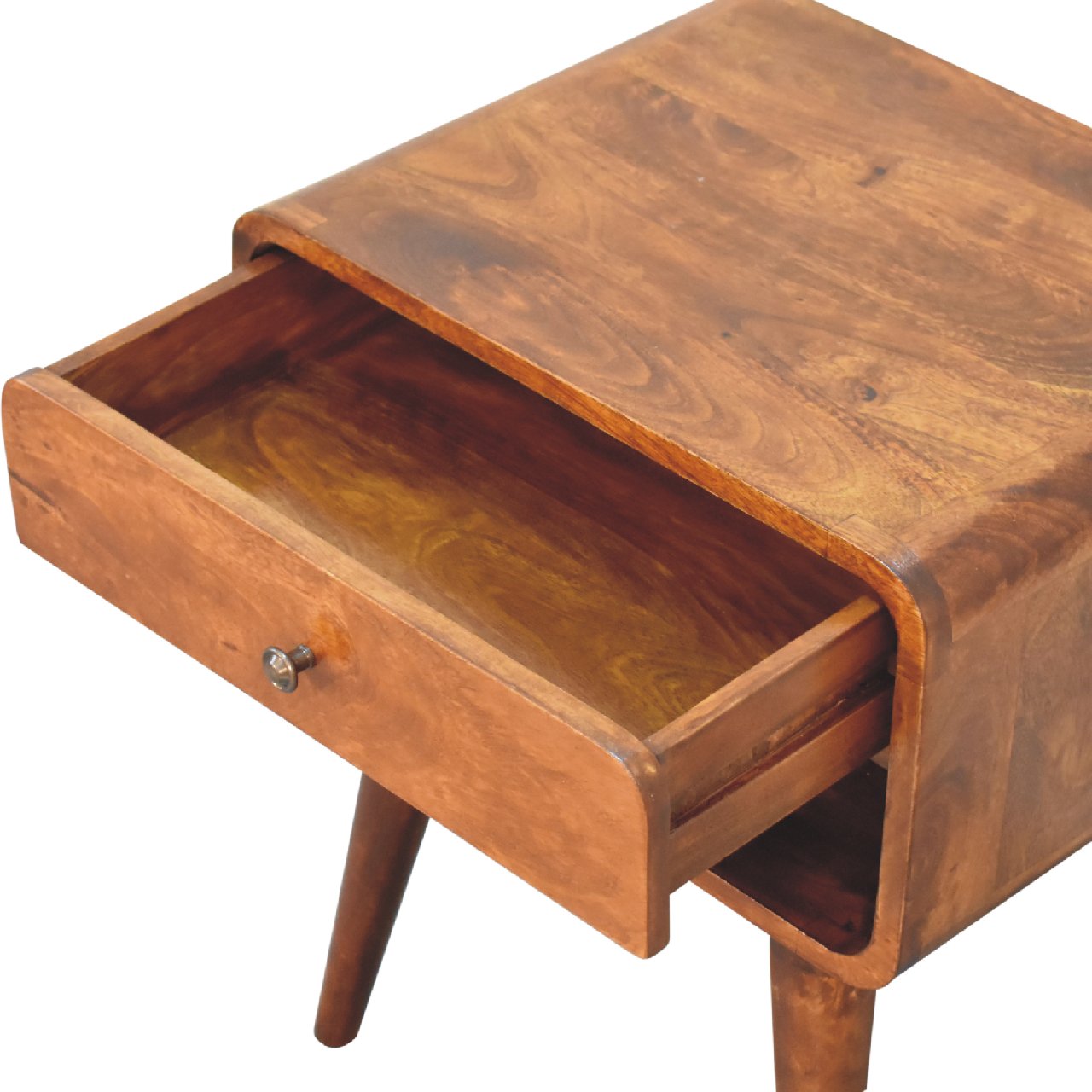 Curve Open Slot Chestnut Bedside - Handmade Solid Wood Nightstand with Open Shelf and Drawer