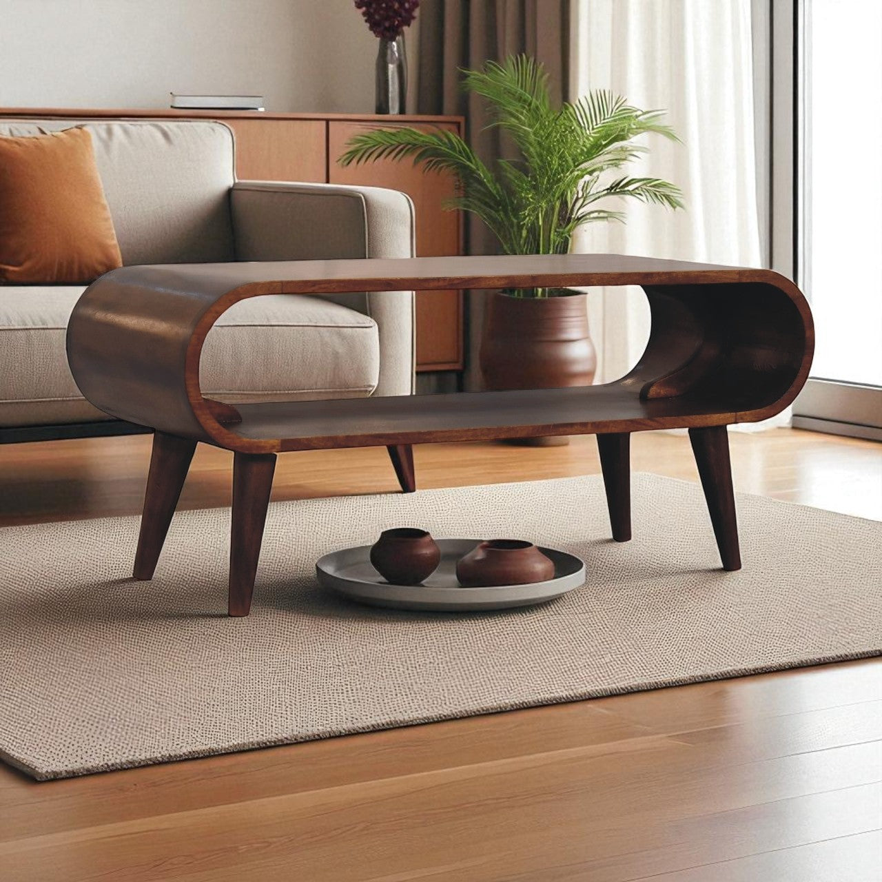 Amaya Chestnut Nordic Style Coffee Table - Handmade Solid Wood Coffee Table with Minimalist Design and Open Shelf