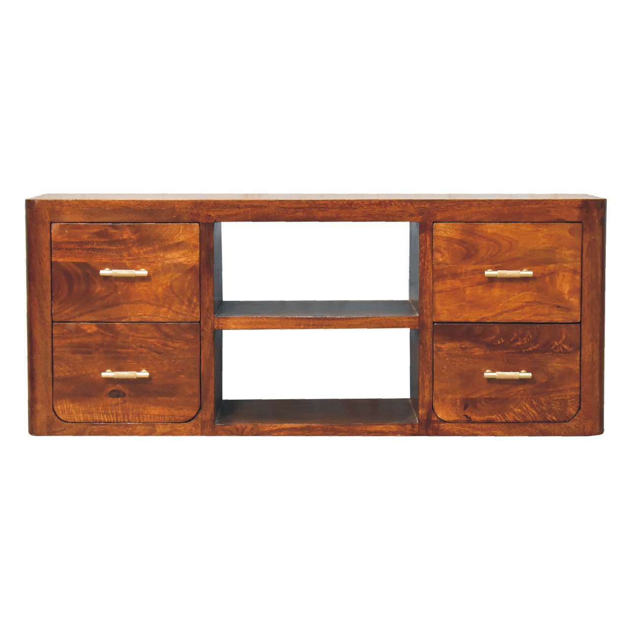 4 Drawers and 2 shelves Luca Media Unit - Handmade Solid Wood With Golden Bar
