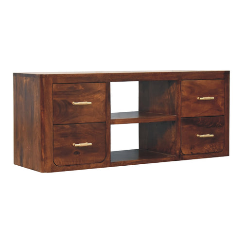 4 Drawers and 2 shelves Luca Media Unit - Handmade Solid Wood With Golden Bar