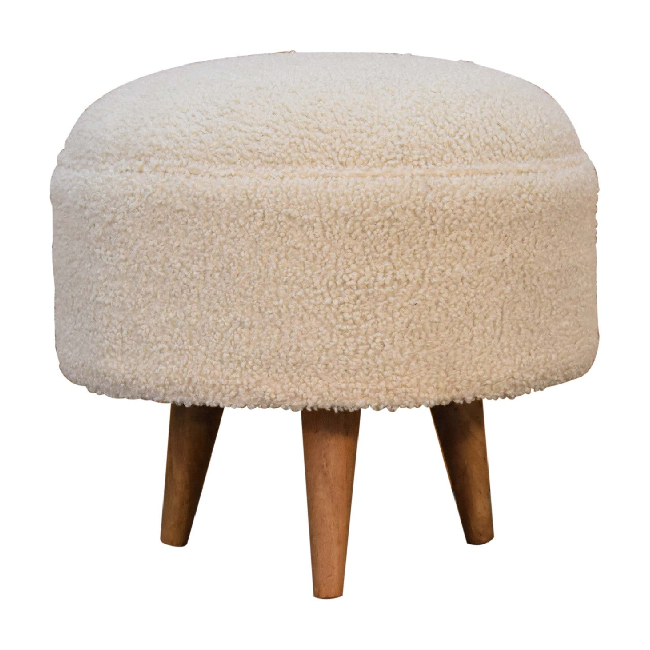 Cream Boucle Rounded Footstool - Handmade Solid Wood Frame with Soft Cream Boucle Upholstery and Rounded Design