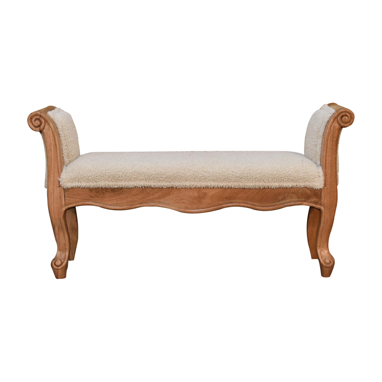 Cream Boucle French Style Bench – Handmade Solid Wood Frame with Cream Boucle Upholstery and Elegant Curved Legs