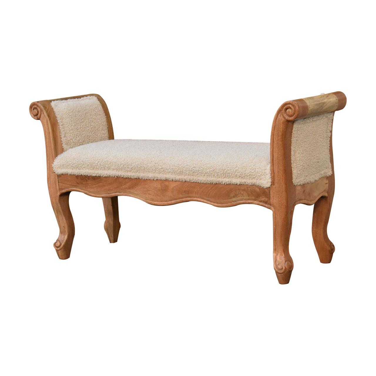 Cream Boucle French Style Bench – Handmade Solid Wood Frame with Cream Boucle Upholstery and Elegant Curved Legs
