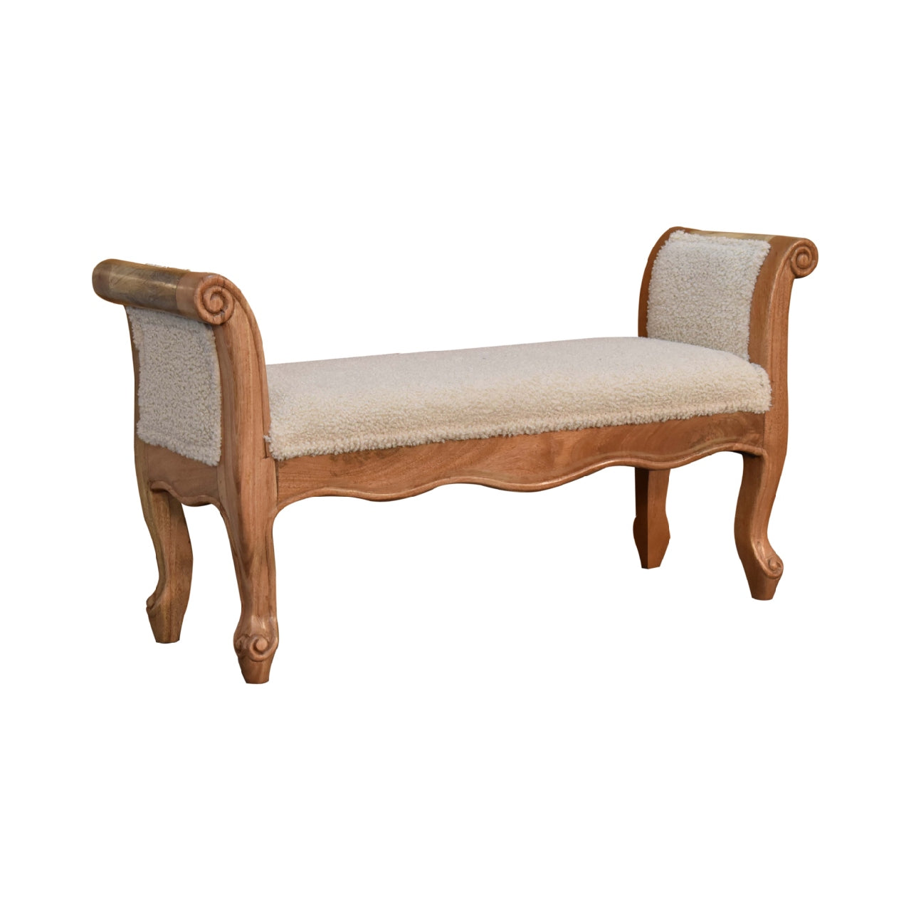 Cream Boucle French Style Bench – Handmade Solid Wood Frame with Cream Boucle Upholstery and Elegant Curved Legs