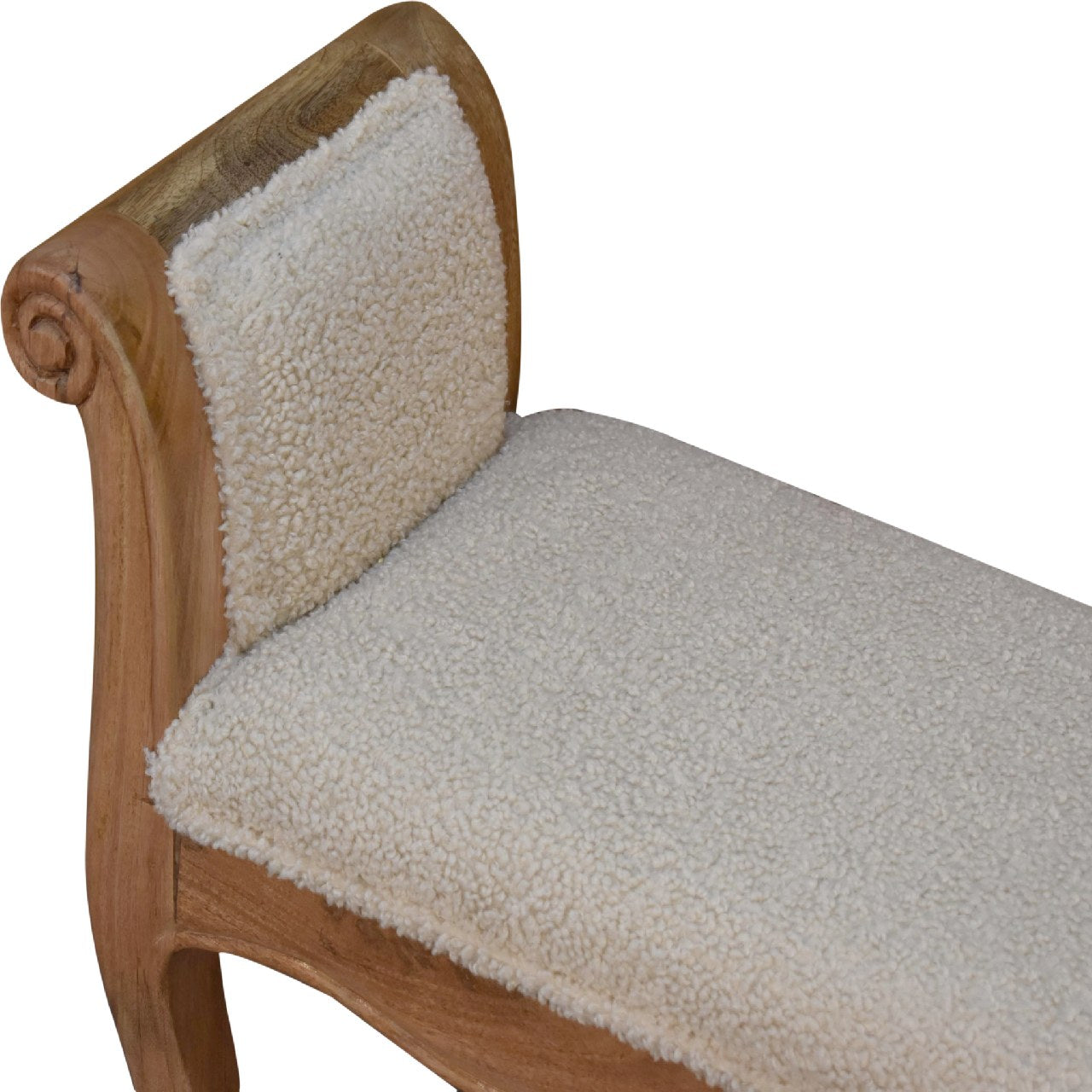 Cream Boucle French Style Bench – Handmade Solid Wood Frame with Cream Boucle Upholstery and Elegant Curved Legs