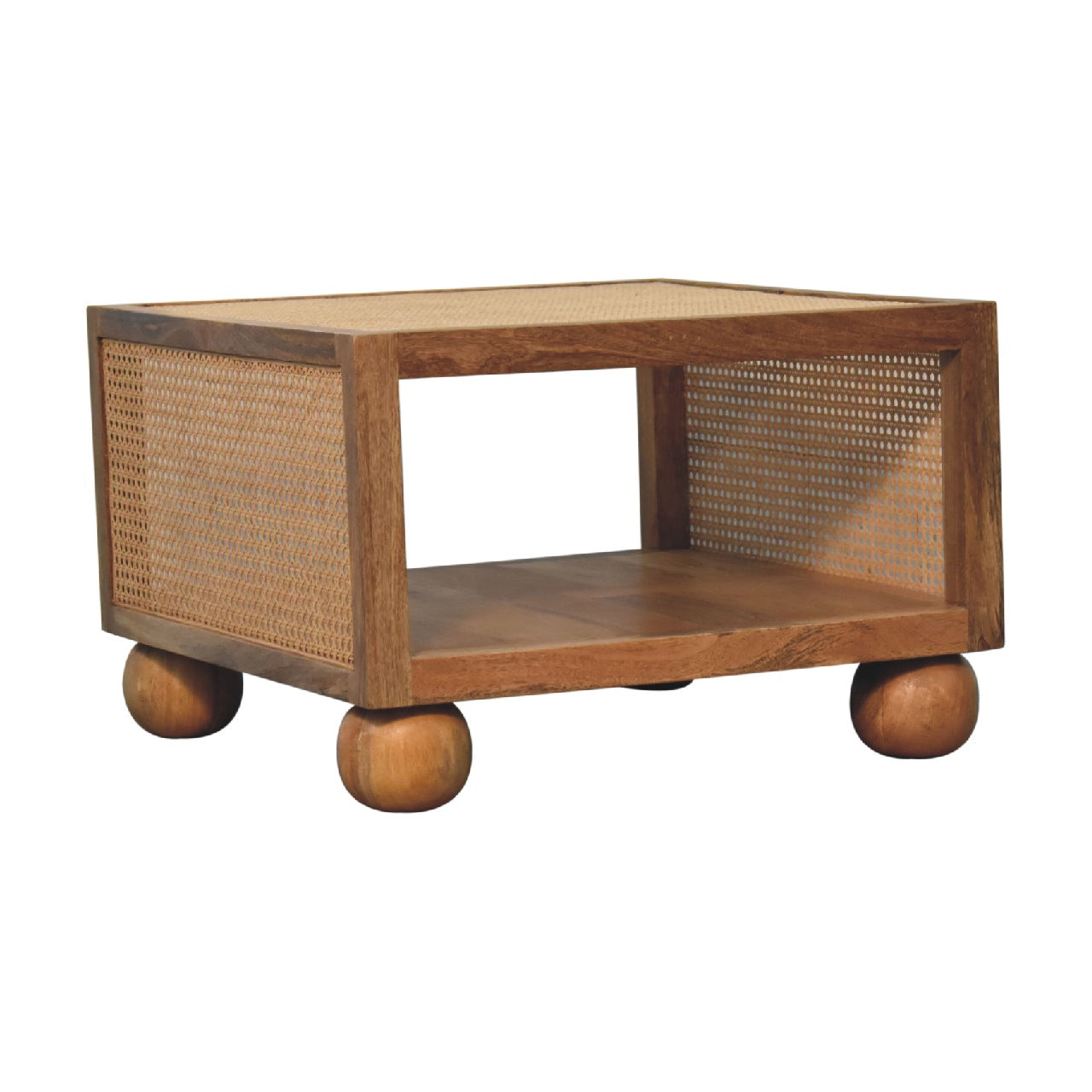 Small Coffee Table - Handmade Solid Wood With Rattan And Open Shelf