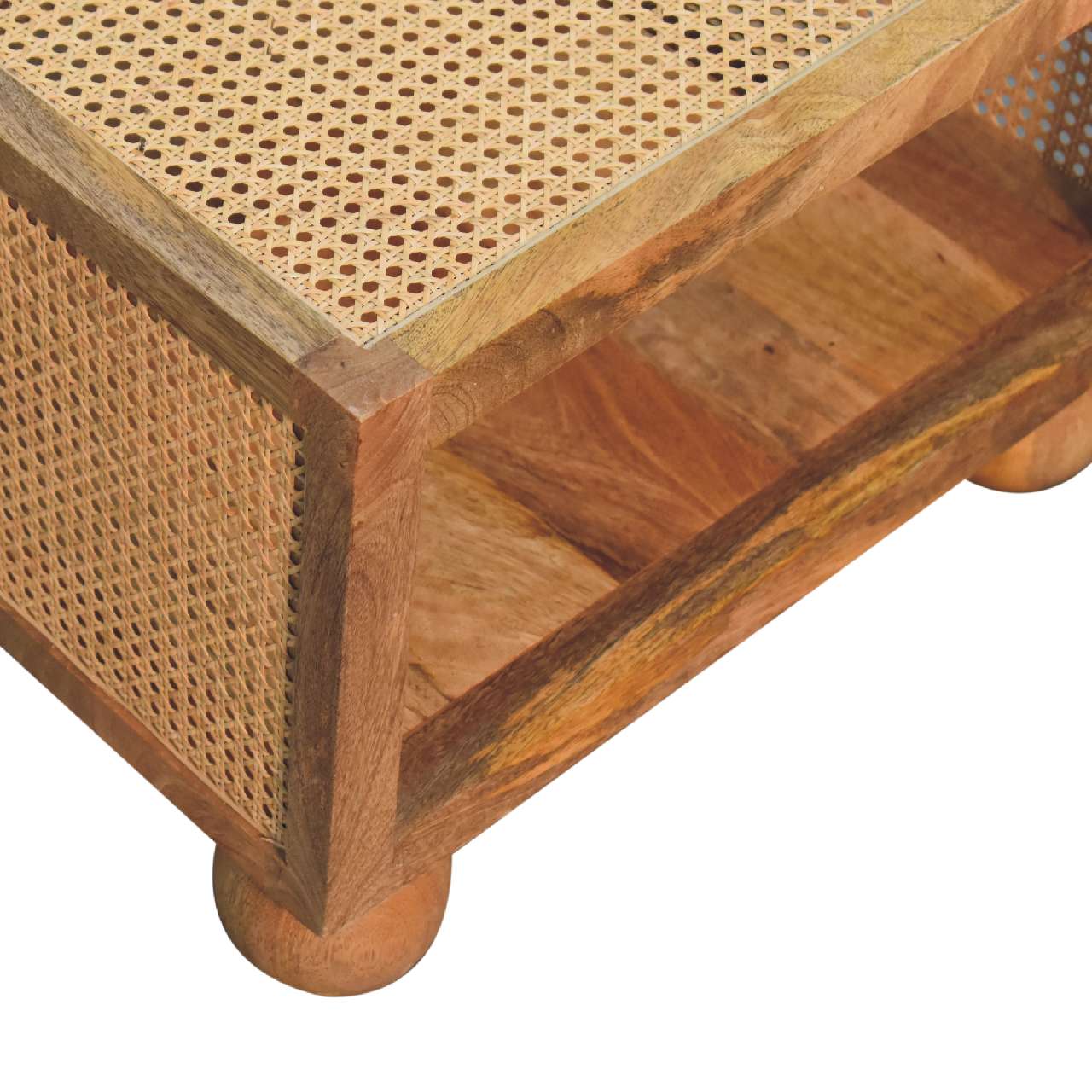 Small Coffee Table - Handmade Solid Wood With Rattan And Open Shelf
