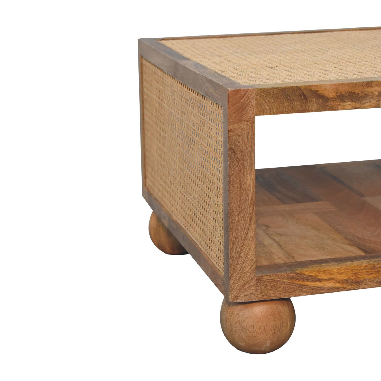 Small Coffee Table - Handmade Solid Wood With Rattan And Open Shelf