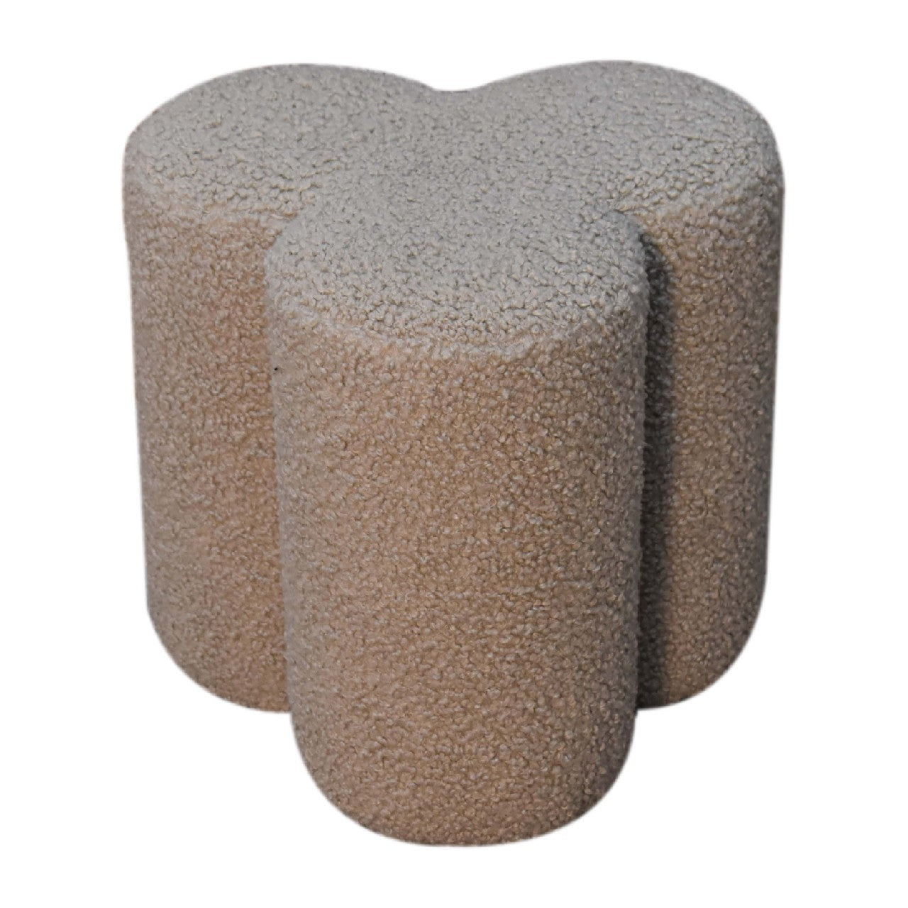Mud Boucle Clover Footstool - Handmade Solid Wood Frame with Mud-Coloured Boucle Upholstery and Clover-Shaped Design