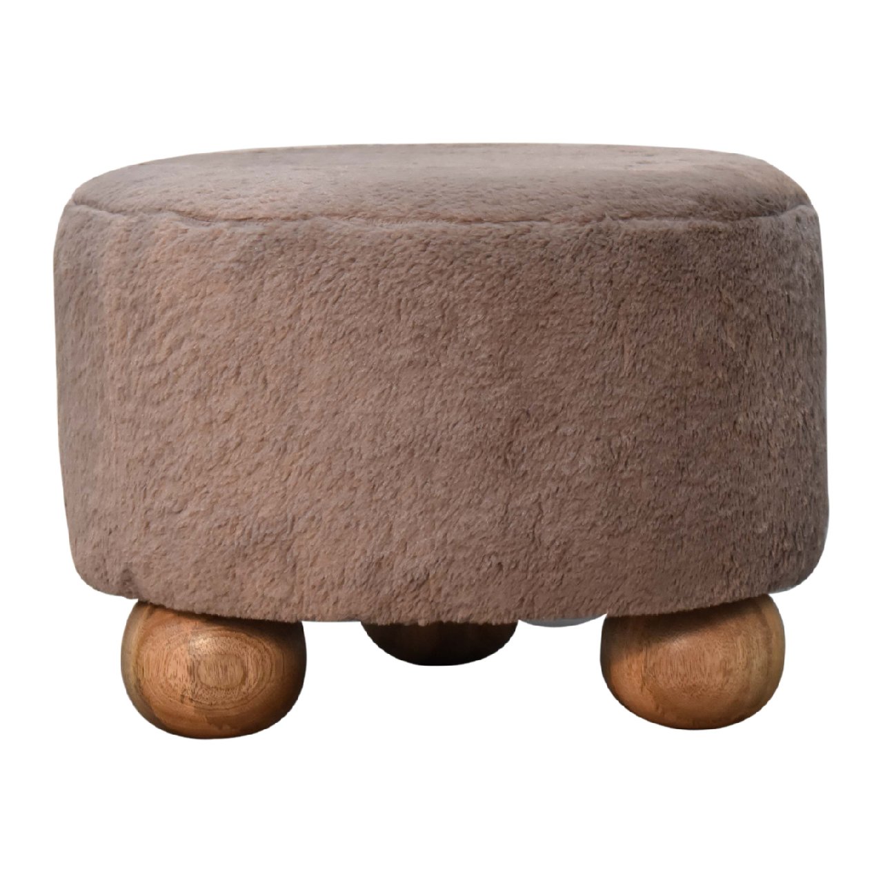 Mocha Faux Fur Round Ball Footstool - Handmade Solid Wood Frame with Plush Round Faux Fur Seat