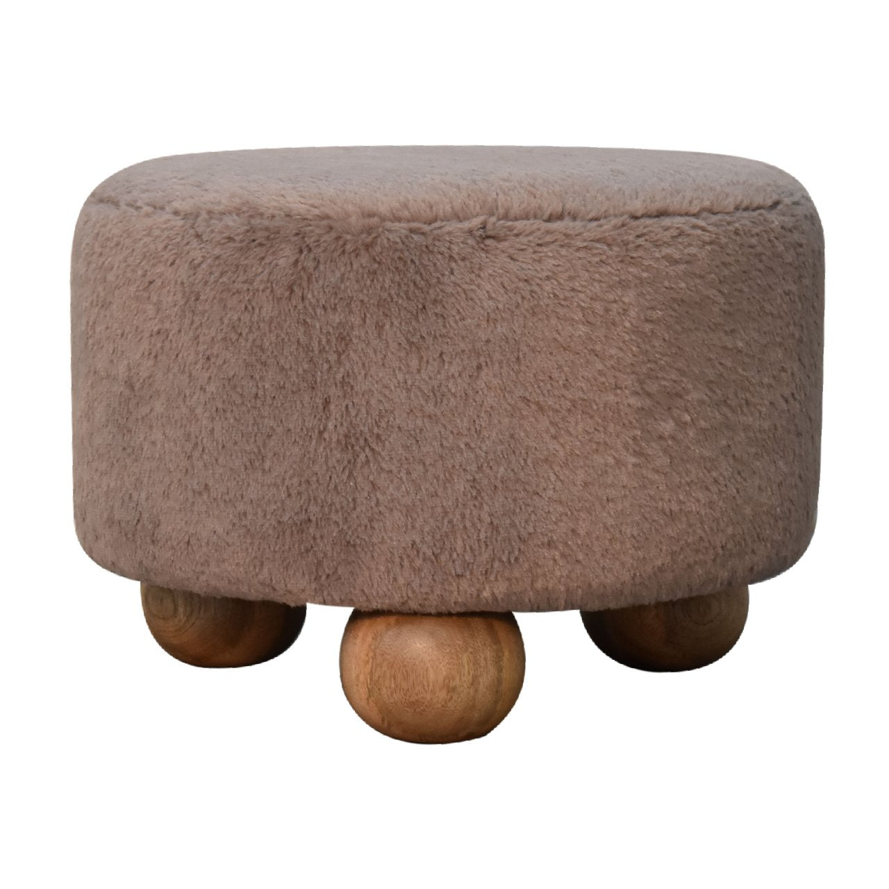 Mocha Faux Fur Round Ball Footstool - Handmade Solid Wood Frame with Plush Round Faux Fur Seat