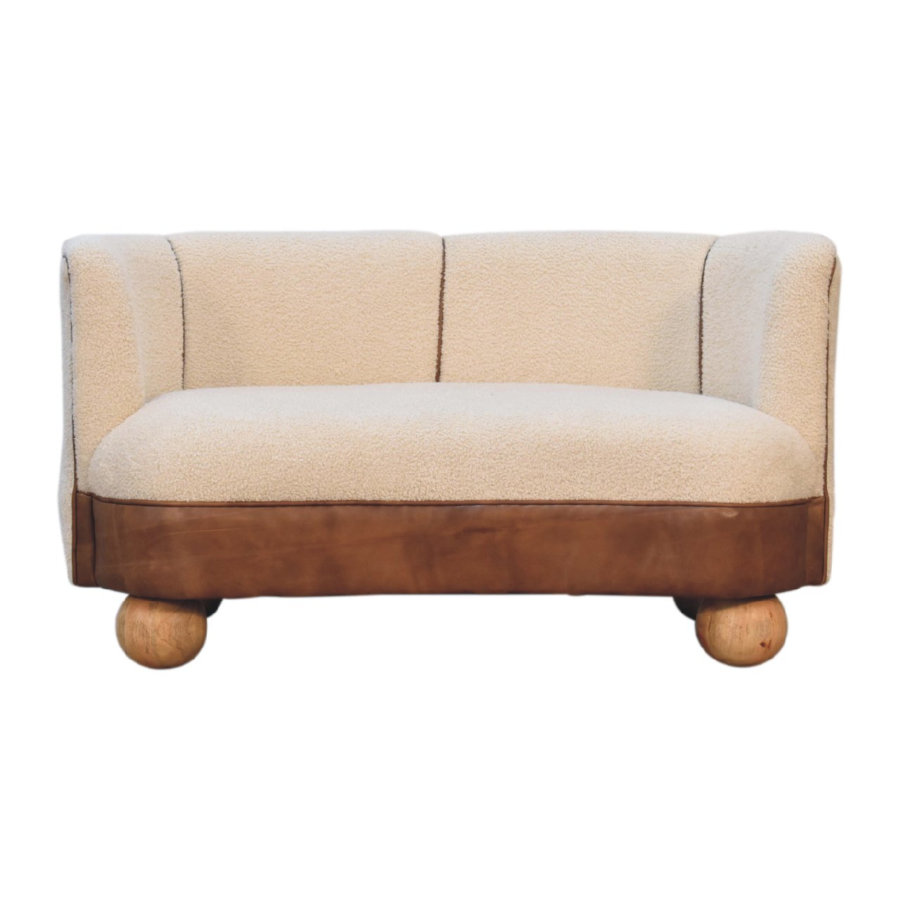 Boucle Cream Buffalo Small Sofa - Handmade Solid Wood Frame with Cream Boucle Upholstery and Leather Accents