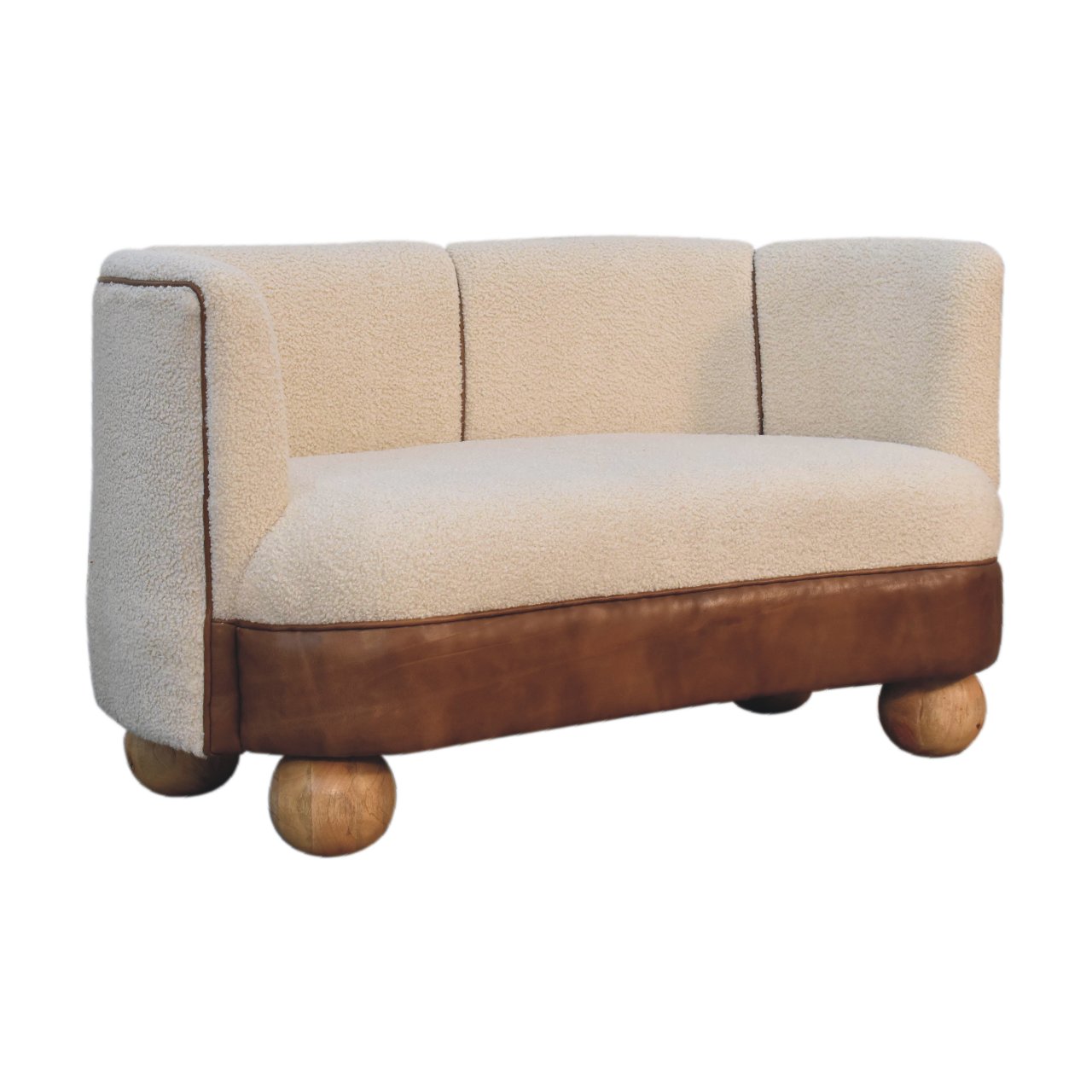 Boucle Cream Buffalo Small Sofa - Handmade Solid Wood Frame with Cream Boucle Upholstery and Leather Accents
