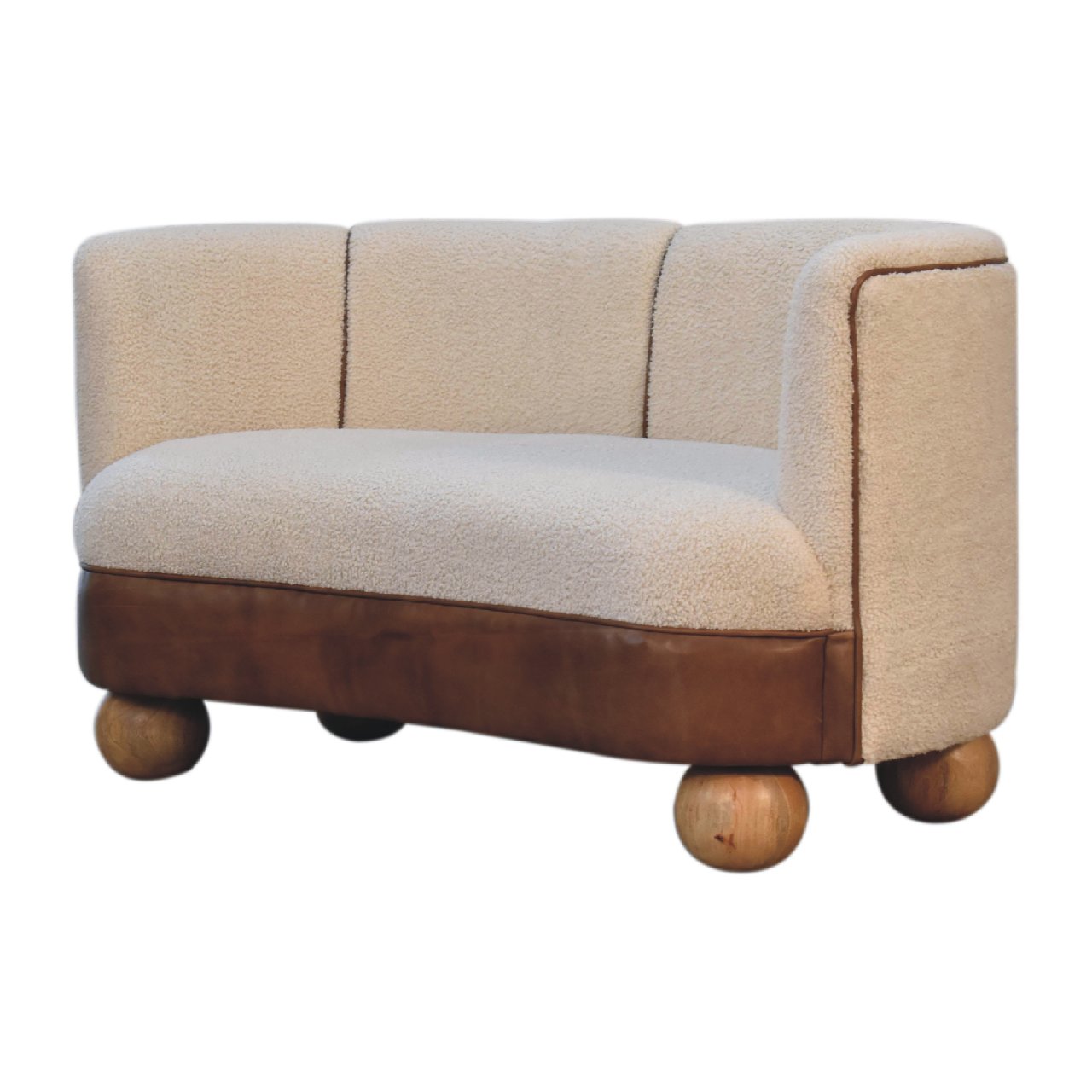 Boucle Cream Buffalo Small Sofa - Handmade Solid Wood Frame with Cream Boucle Upholstery and Leather Accents