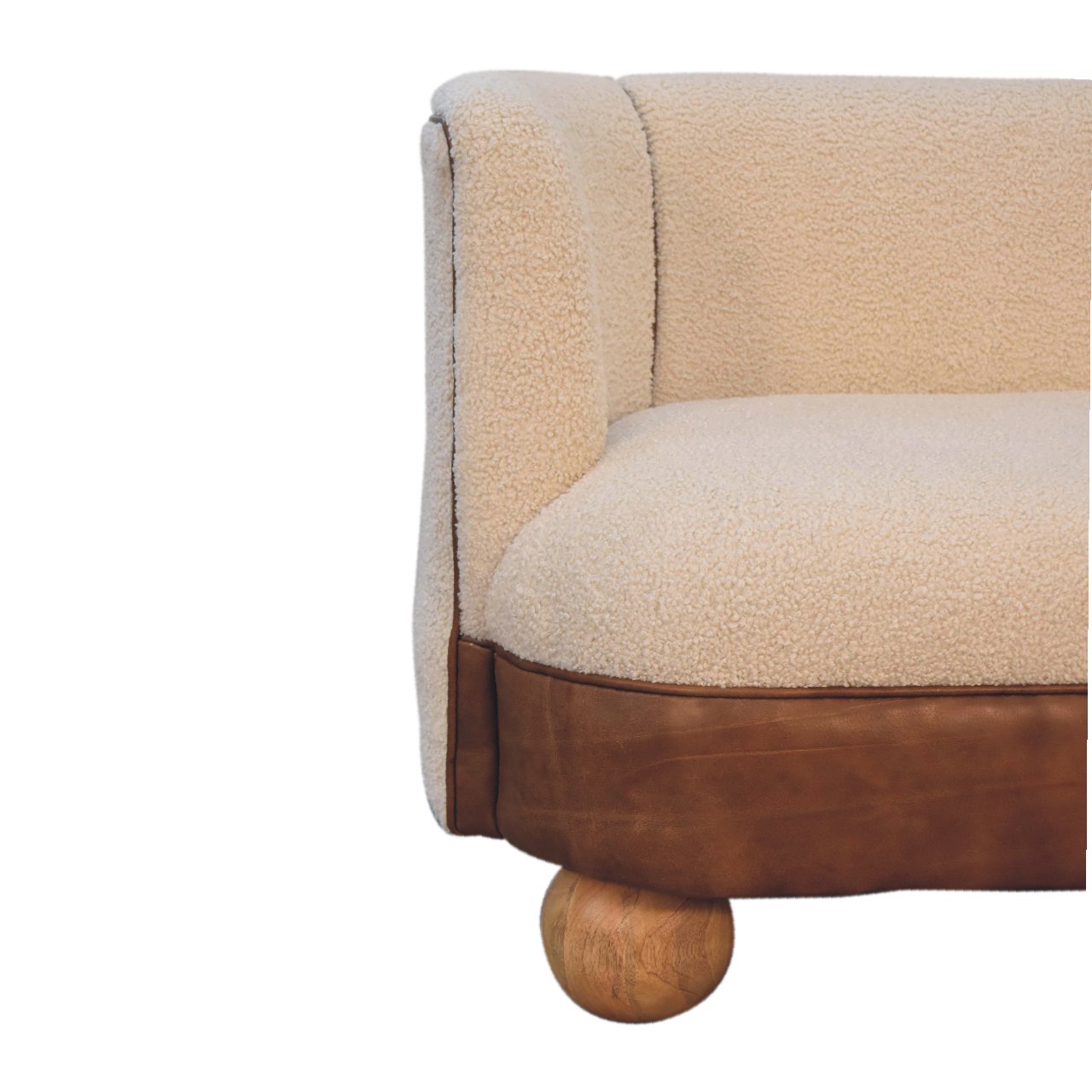 Boucle Cream Buffalo Small Sofa - Handmade Solid Wood Frame with Cream Boucle Upholstery and Leather Accents
