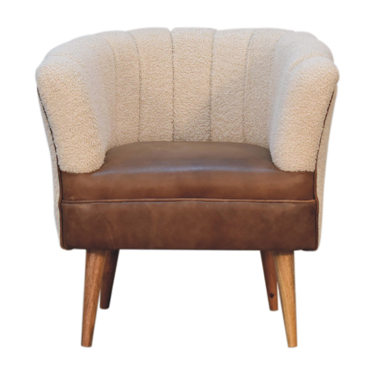Boucle Cream Buffalo Armchair - Handmade Solid Wood Frame with Cream Boucle Upholstery and Leather Accents
