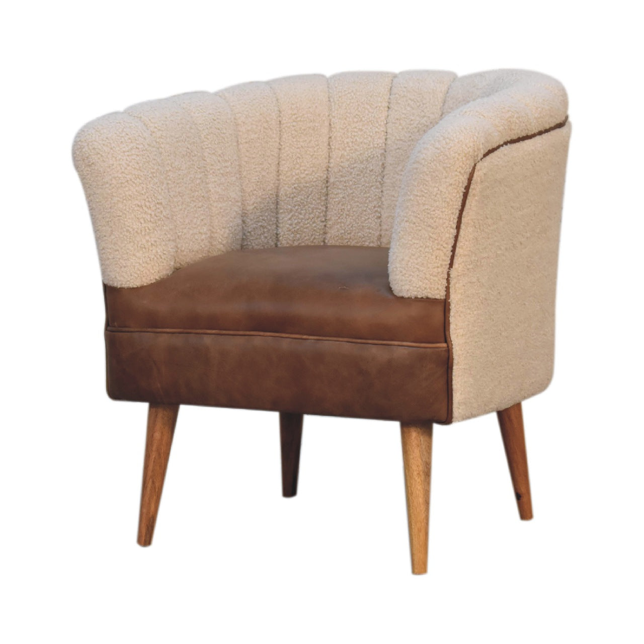 Boucle Cream Buffalo Armchair - Handmade Solid Wood Frame with Cream Boucle Upholstery and Leather Accents