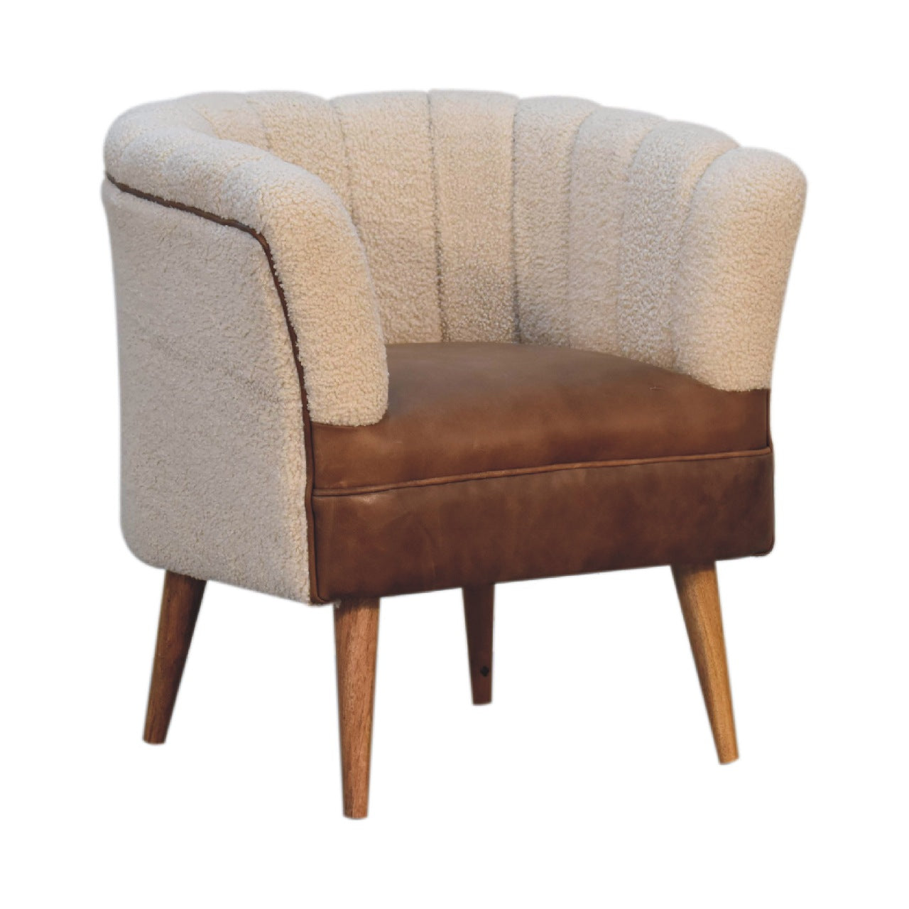 Boucle Cream Buffalo Armchair - Handmade Solid Wood Frame with Cream Boucle Upholstery and Leather Accents