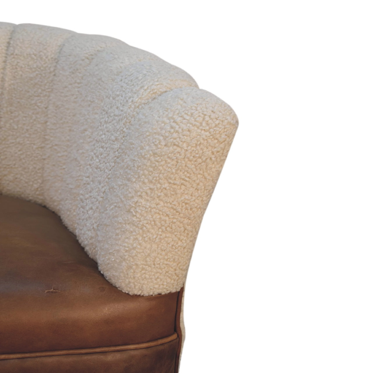 Boucle Cream Buffalo Armchair - Handmade Solid Wood Frame with Cream Boucle Upholstery and Leather Accents