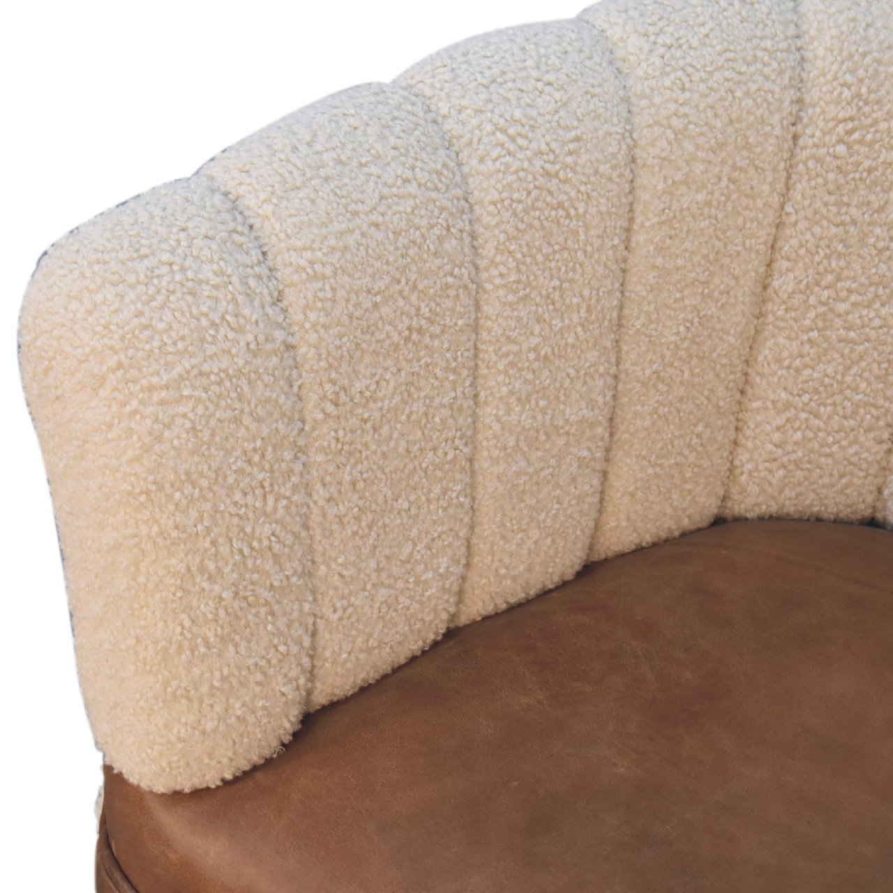 Boucle Cream Buffalo Armchair - Handmade Solid Wood Frame with Cream Boucle Upholstery and Leather Accents