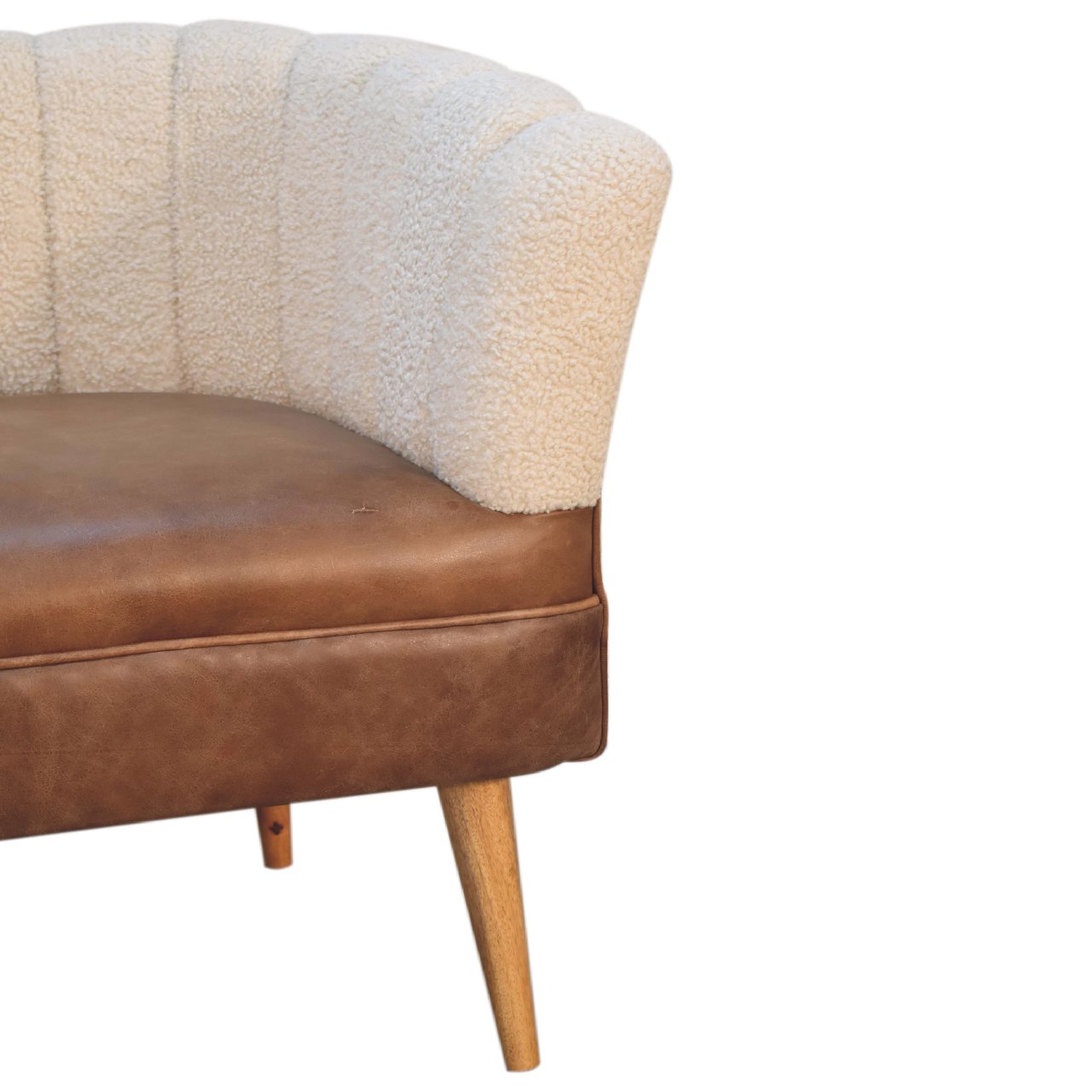 Boucle Cream Buffalo Armchair - Handmade Solid Wood Frame with Cream Boucle Upholstery and Leather Accents