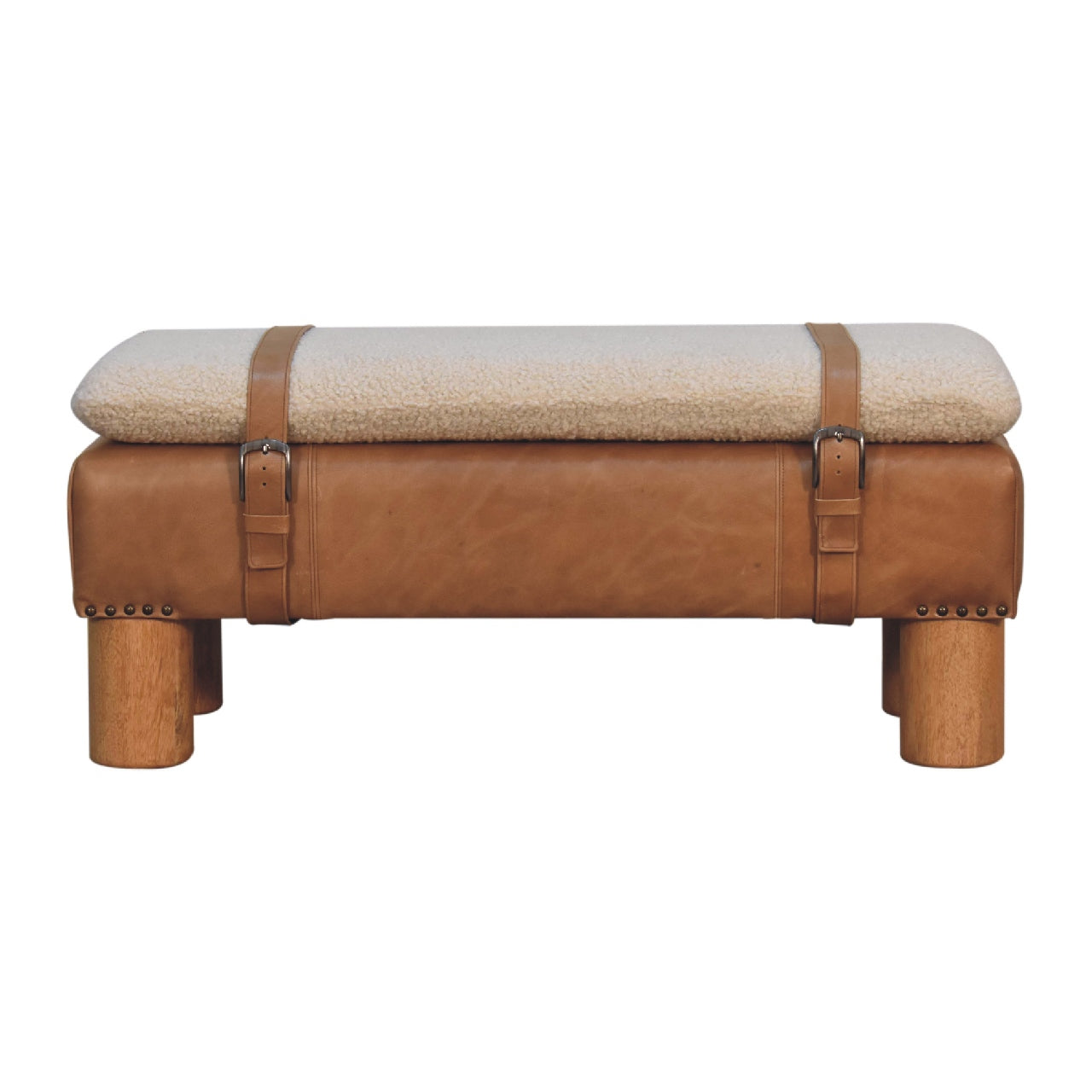 Strapped Cylinder Bench Handmade Solid Wood Frame with Upholstered Cylindrical Seat and Leather Detailing