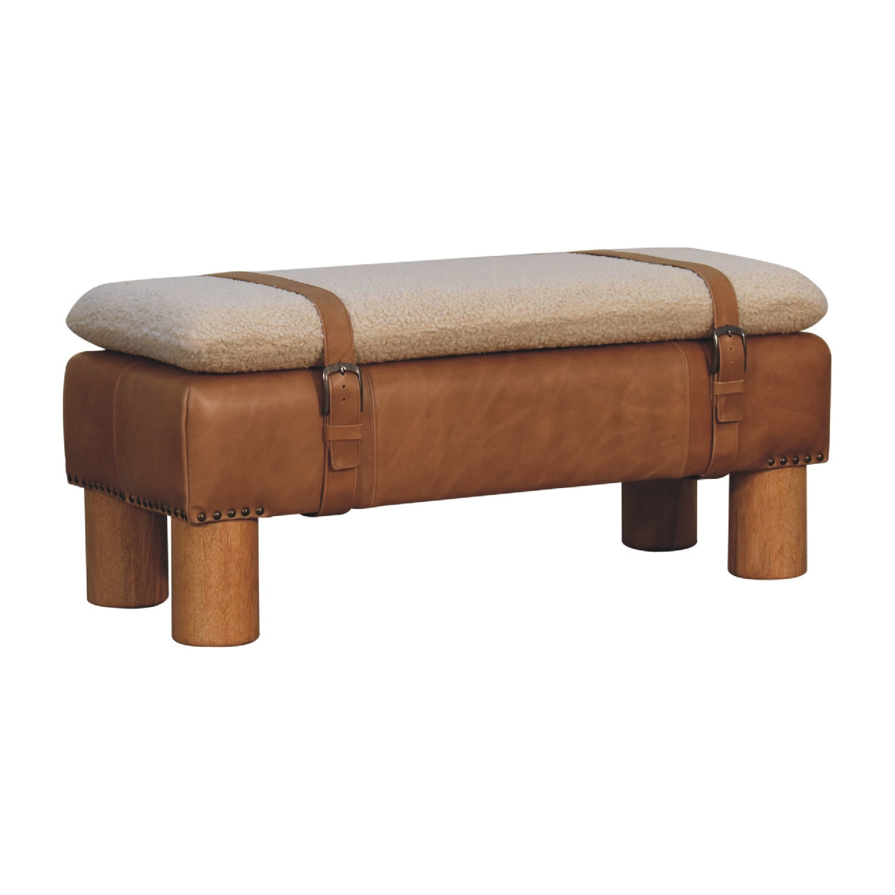 Strapped Cylinder Bench Handmade Solid Wood Frame with Upholstered Cylindrical Seat and Leather Detailing